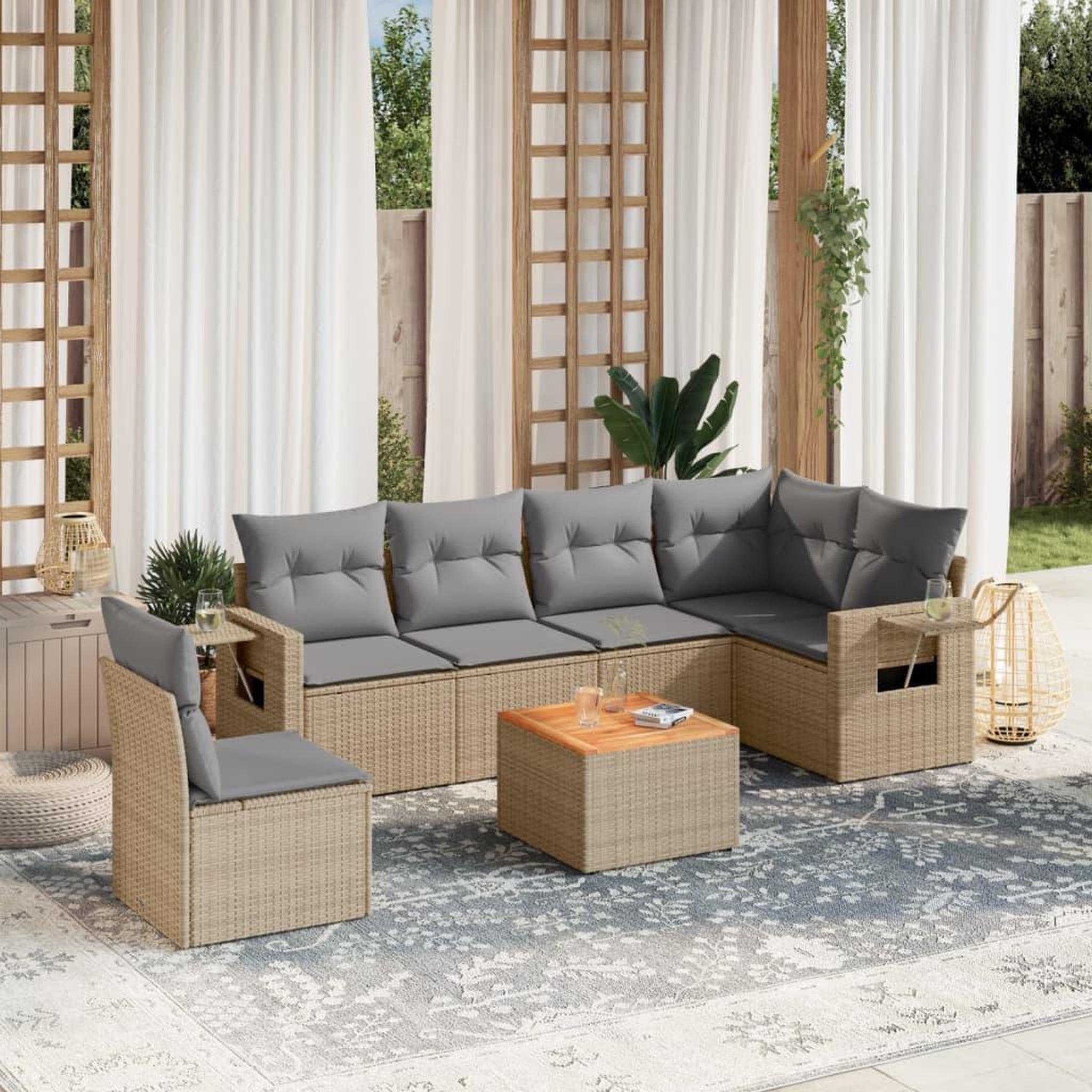 VIDAXL Salon de jardin avec coussins 7pcs melange beige resine tressee