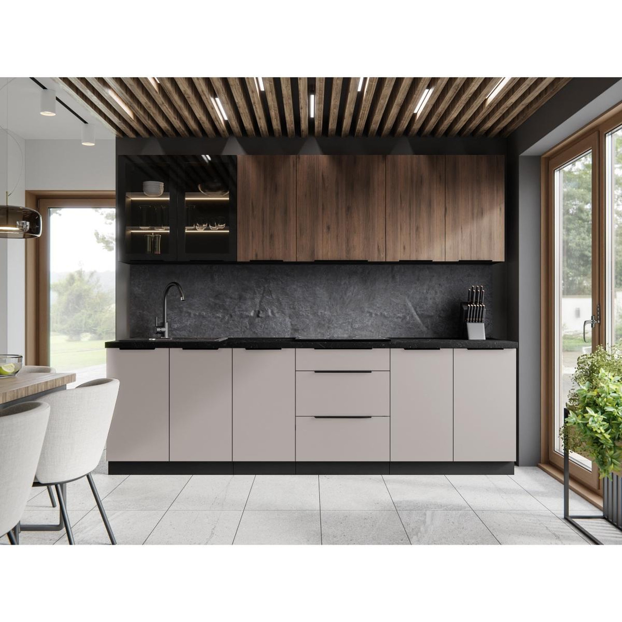 Voir la diapositive 3 : JLC KREATION Cuisine complète moderne beige et bois 260cm MAO