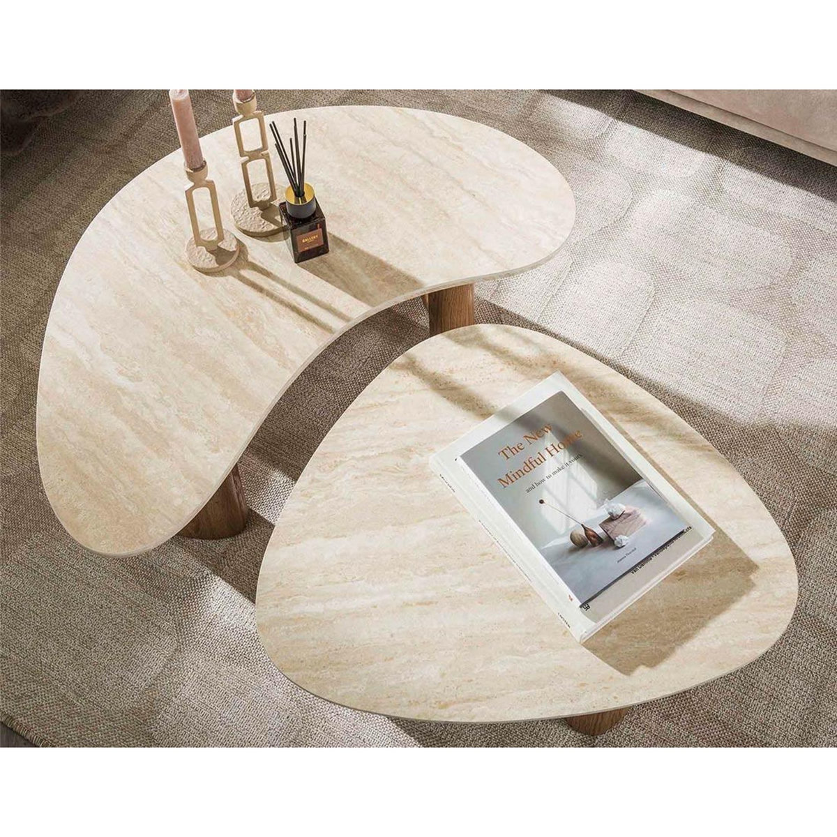 LISA DESIGN Mohea - lot de 2 tables basses gigognes - effet travertin et bois - 88 et 65 cm