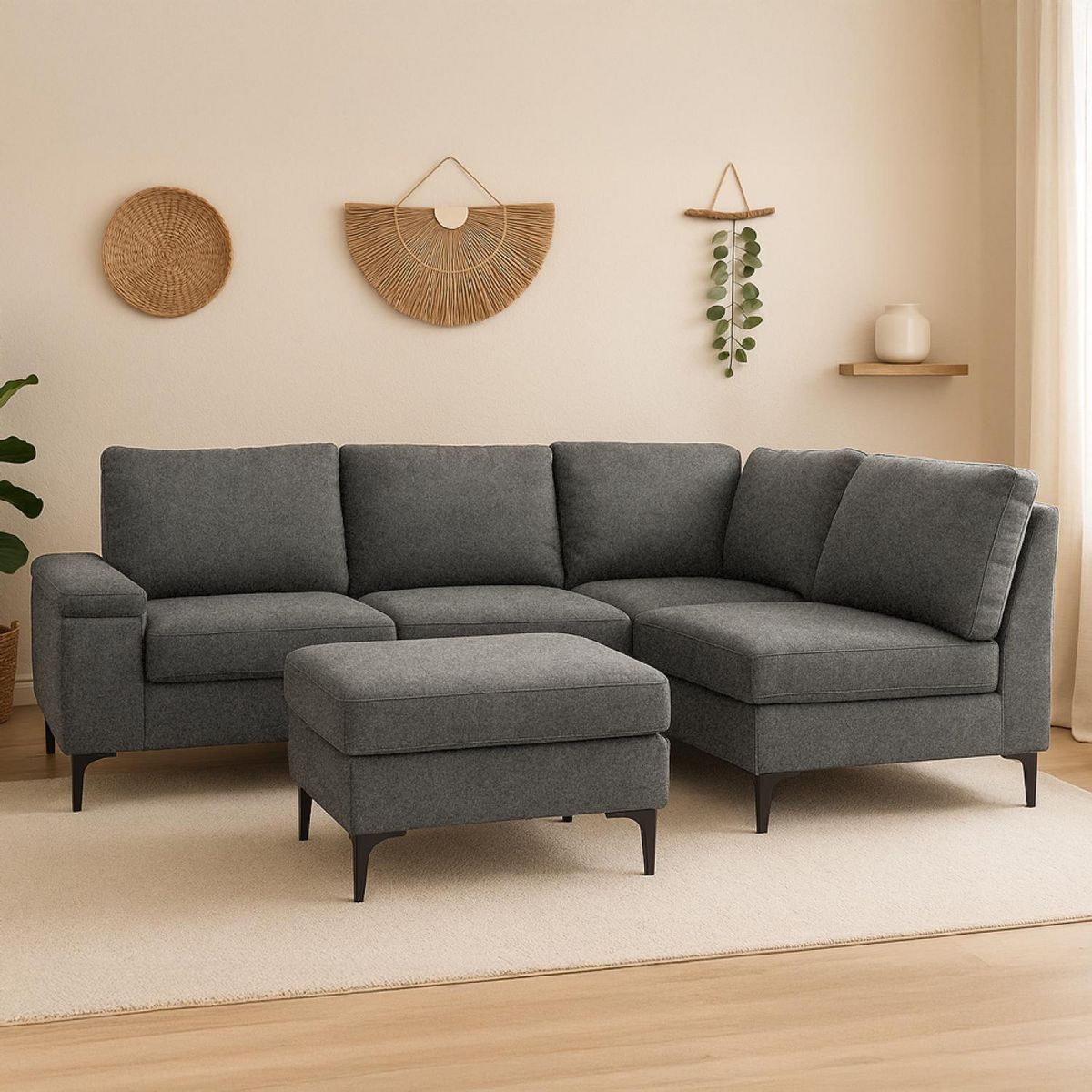 CONCEPT USINE Canapé d'angle 4-5 places en tissu chenille gris anthracite avec pouf COLCHESTER