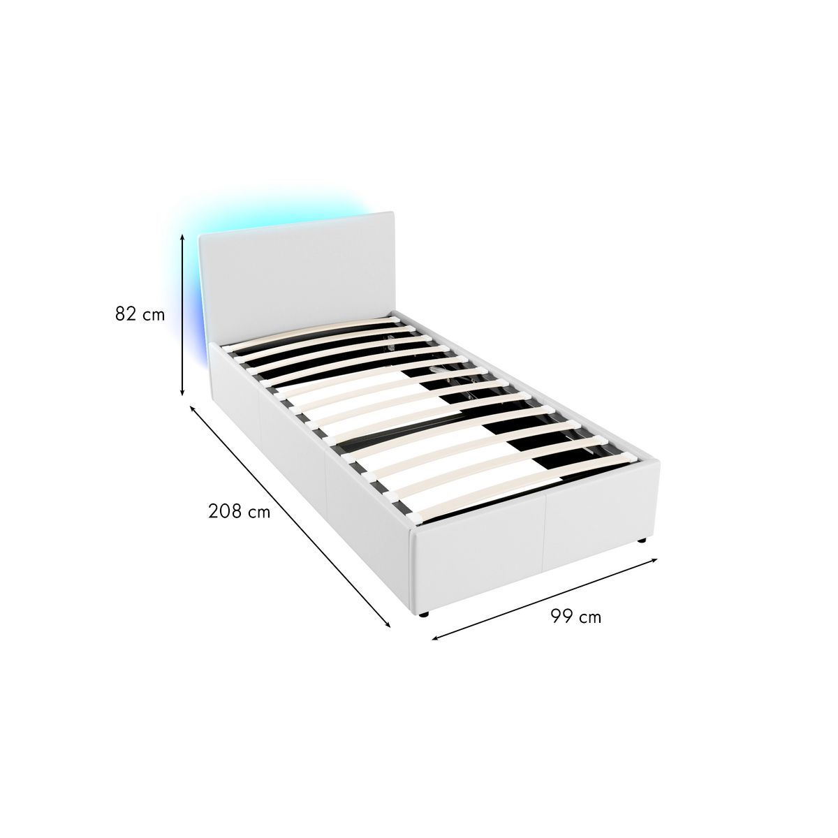 Lit coffre 90x190cm avec sommier à lattes et tête de lit LED WILLOW 