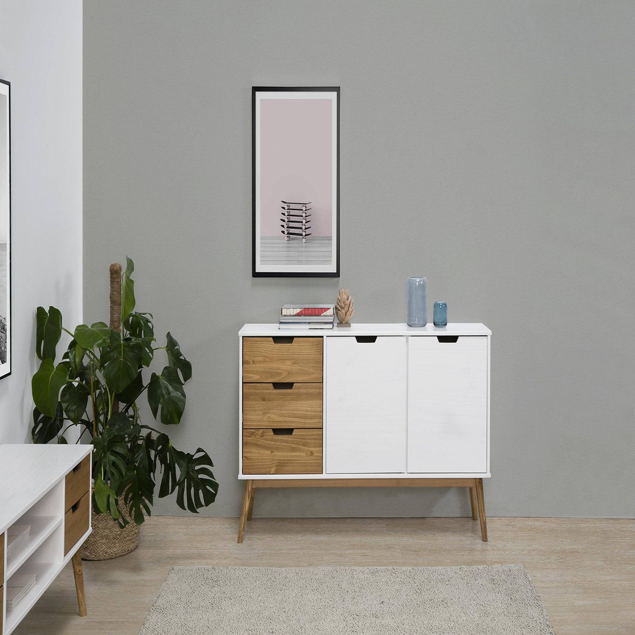 Voir la diapositive 4 : VS VENTA-STOCK Buffet Commode Java 3 tiroir y 2 Porte Blanc, glissières métalliques, Longueur 140 cm