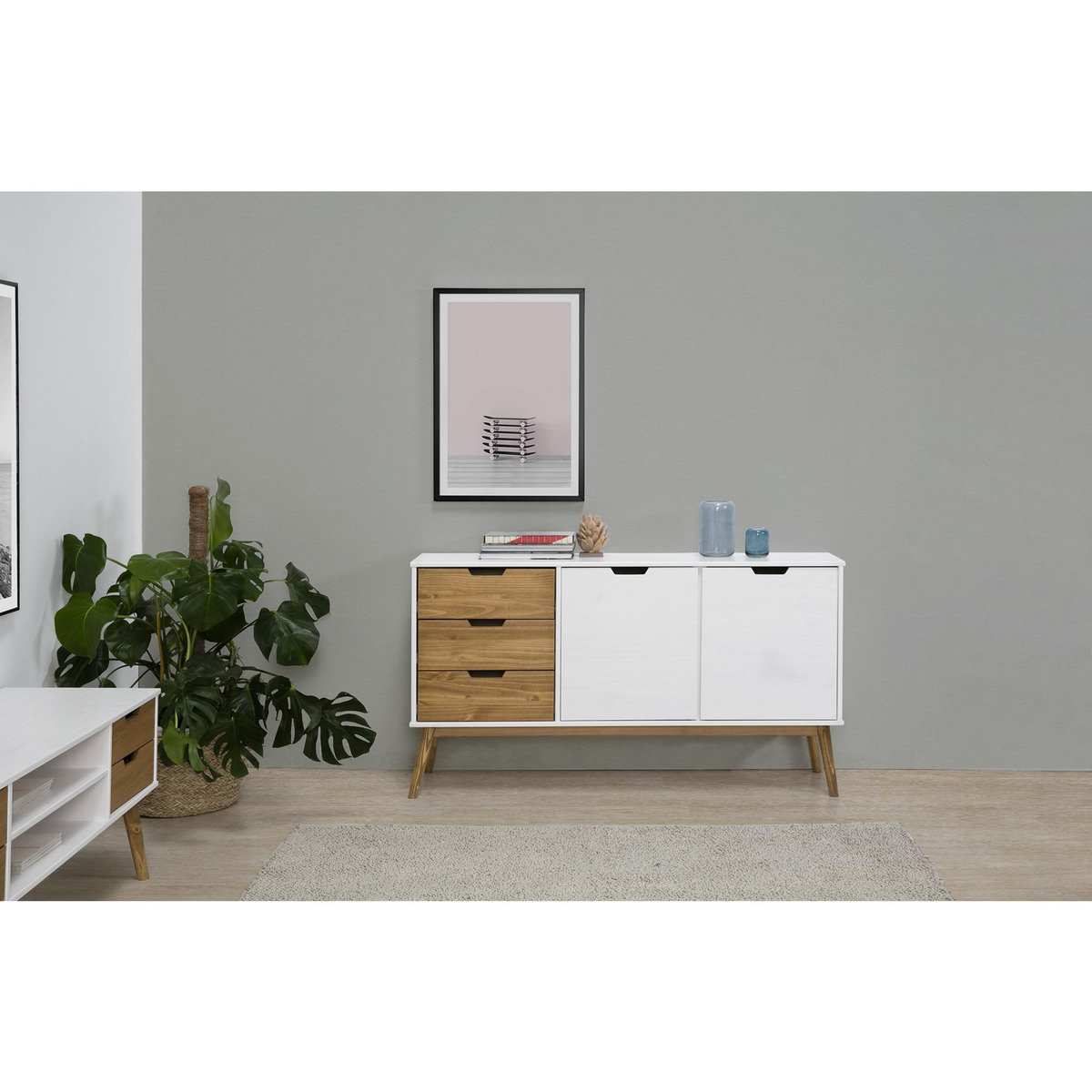 VS VENTA-STOCK Buffet Commode Java 3 tiroir y 2 Porte Blanc, glissières métalliques, Longueur 140 cm