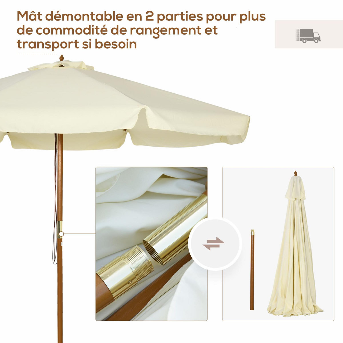 OUTSUNNY Parasol droit rond grande taille de jardin Ø 3,25 x 2,5H m bois de bambou polyester beige