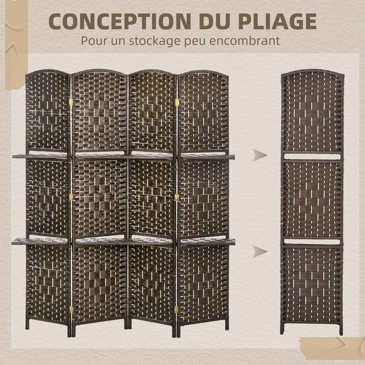 HOMCOM Paravent séparateur de pièce 4 panneaux pliables dim. 160L x 170H cm - 2 étagères - bois fibre papier brun
