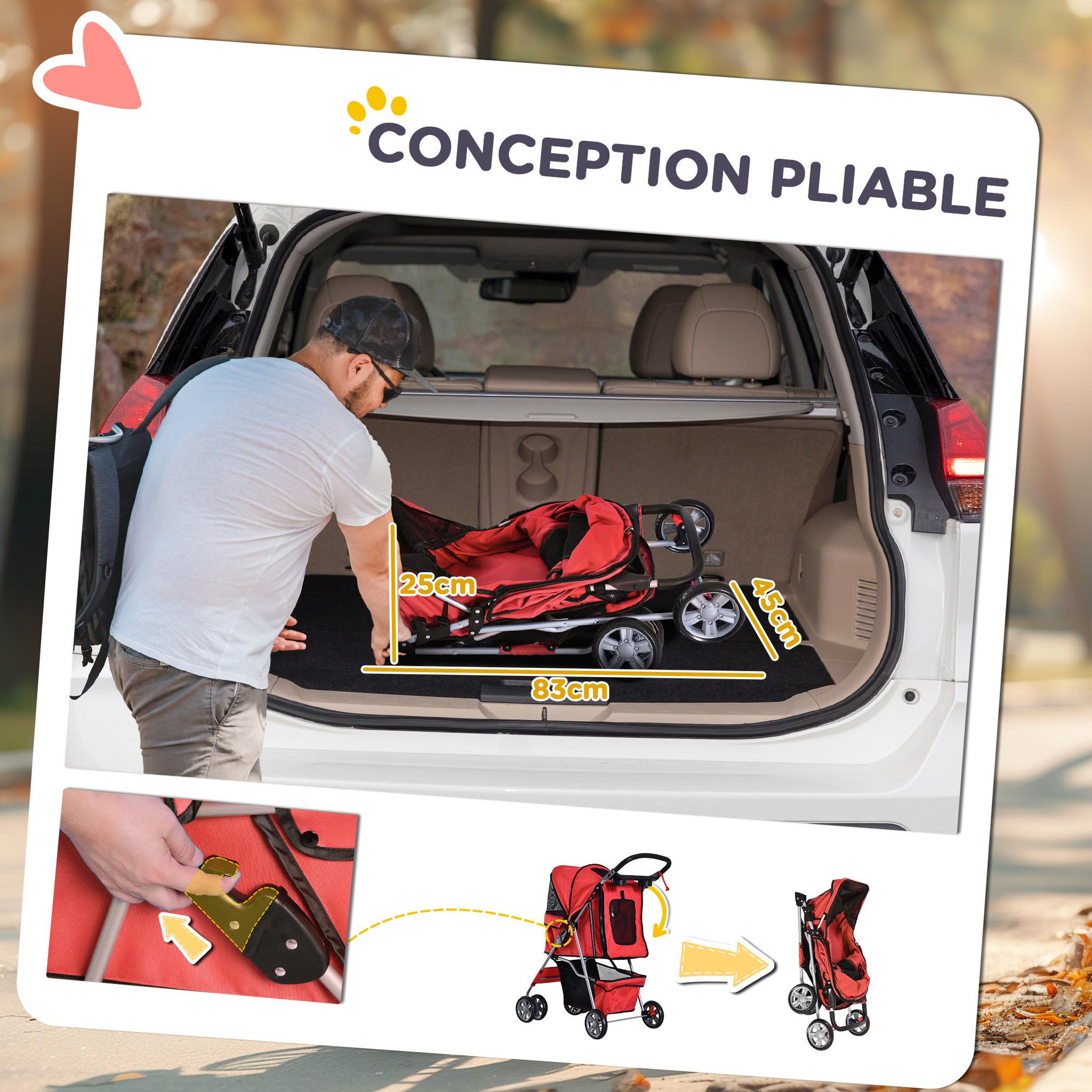 Voir la diapositive 5 : PAWHUT Poussette buggy pliable animaux chariot pliant chien chat porte-gobelet panier de rangement inclus roues avec frein tissu 600d oxford métal rouge