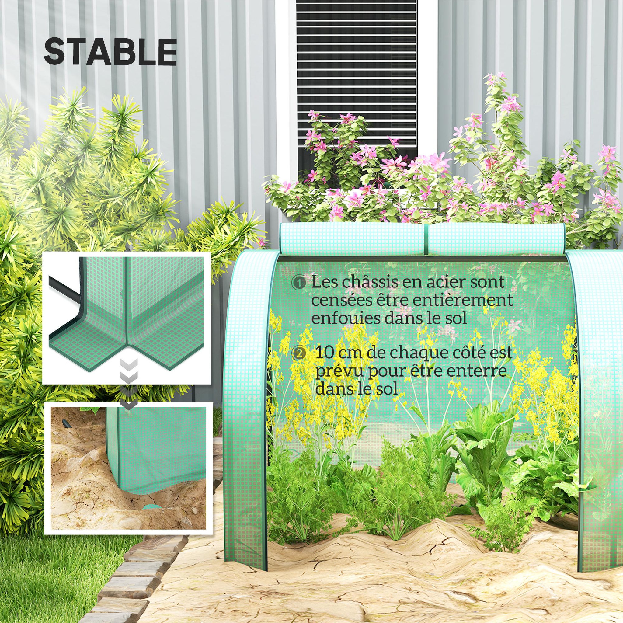 Voir la diapositive 5 : OUTSUNNY Mini serre de jardin mini serre à tomates 4 x 1 x 0,8 m 4 portes zippées acier PE haute densité 140 g/m² vert
