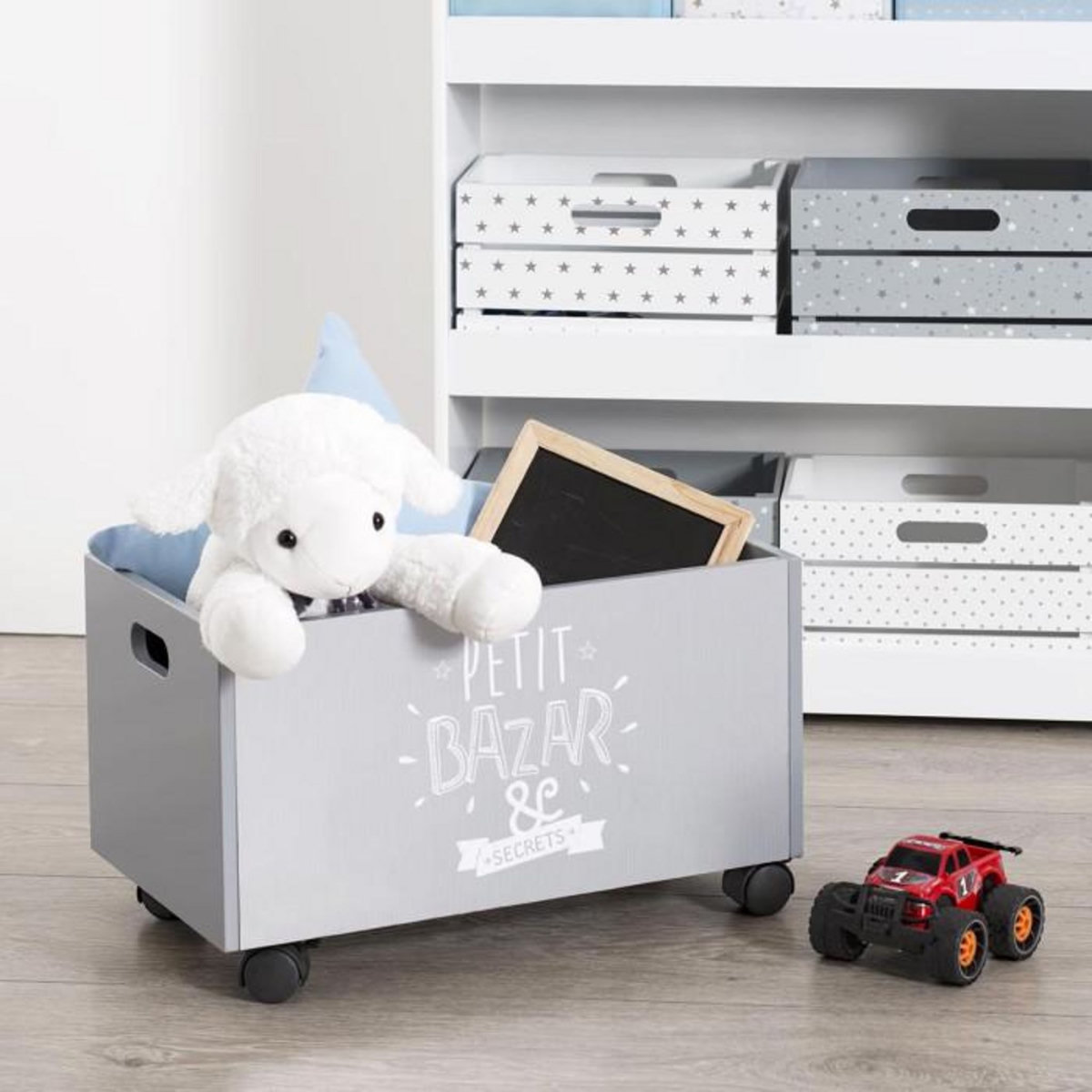 Atmosphera Kids Coffre à Jouets à Roulettes  Petit Bazar  48cm Gris