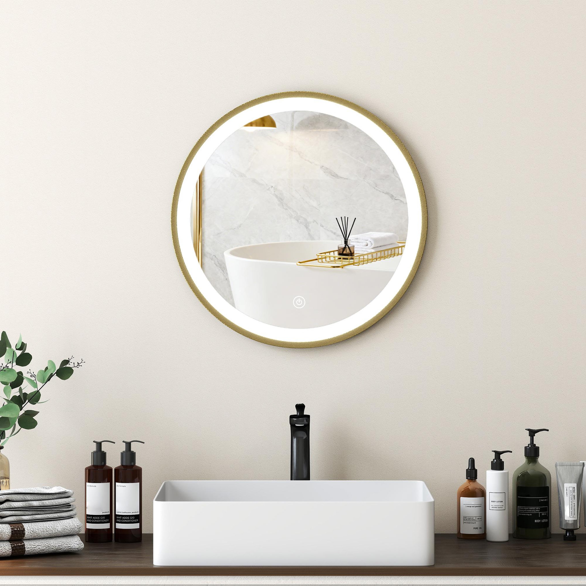 Voir la diapositive 2 : HOMCOM Miroir salle de bain avec éclairage led rond verre doré
