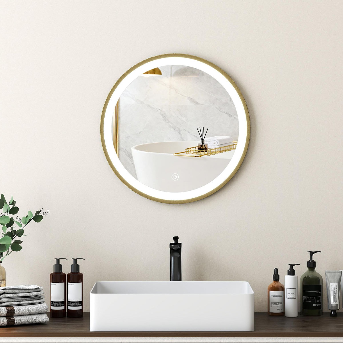 HOMCOM Miroir salle de bain avec éclairage LED rond verre doré