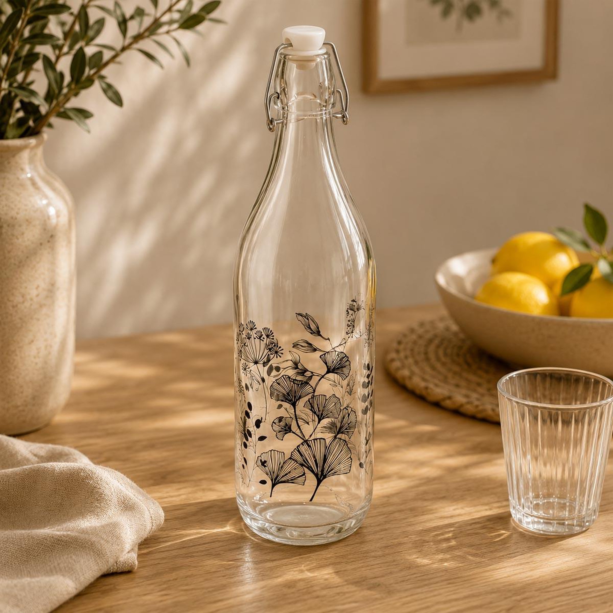 Voir la diapositive 4 : SECRET DE GOURMET Bouteille limonade en verre  white floral  1l transparent