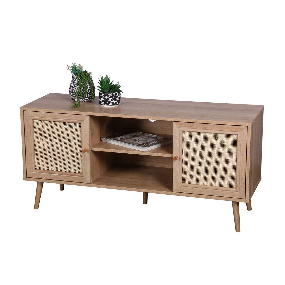 TOILINUX Meuble TV Bali en cannage et panneaux de particules - 2 portes