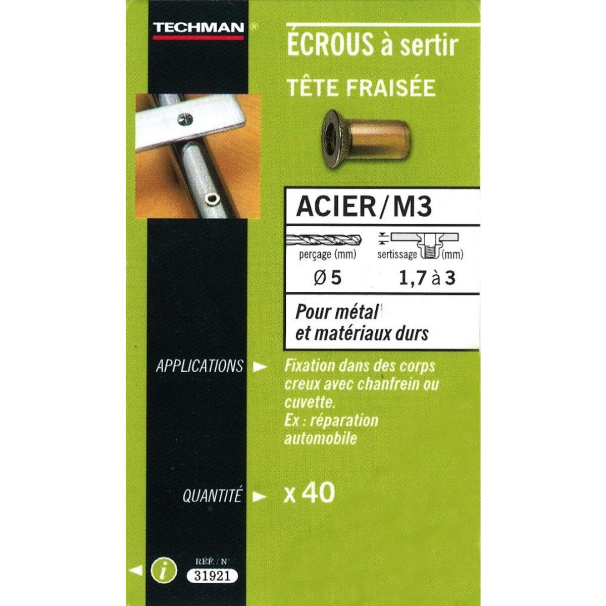 TECHMAN 40 écrous M3 à sertir acier avec tête fraisée