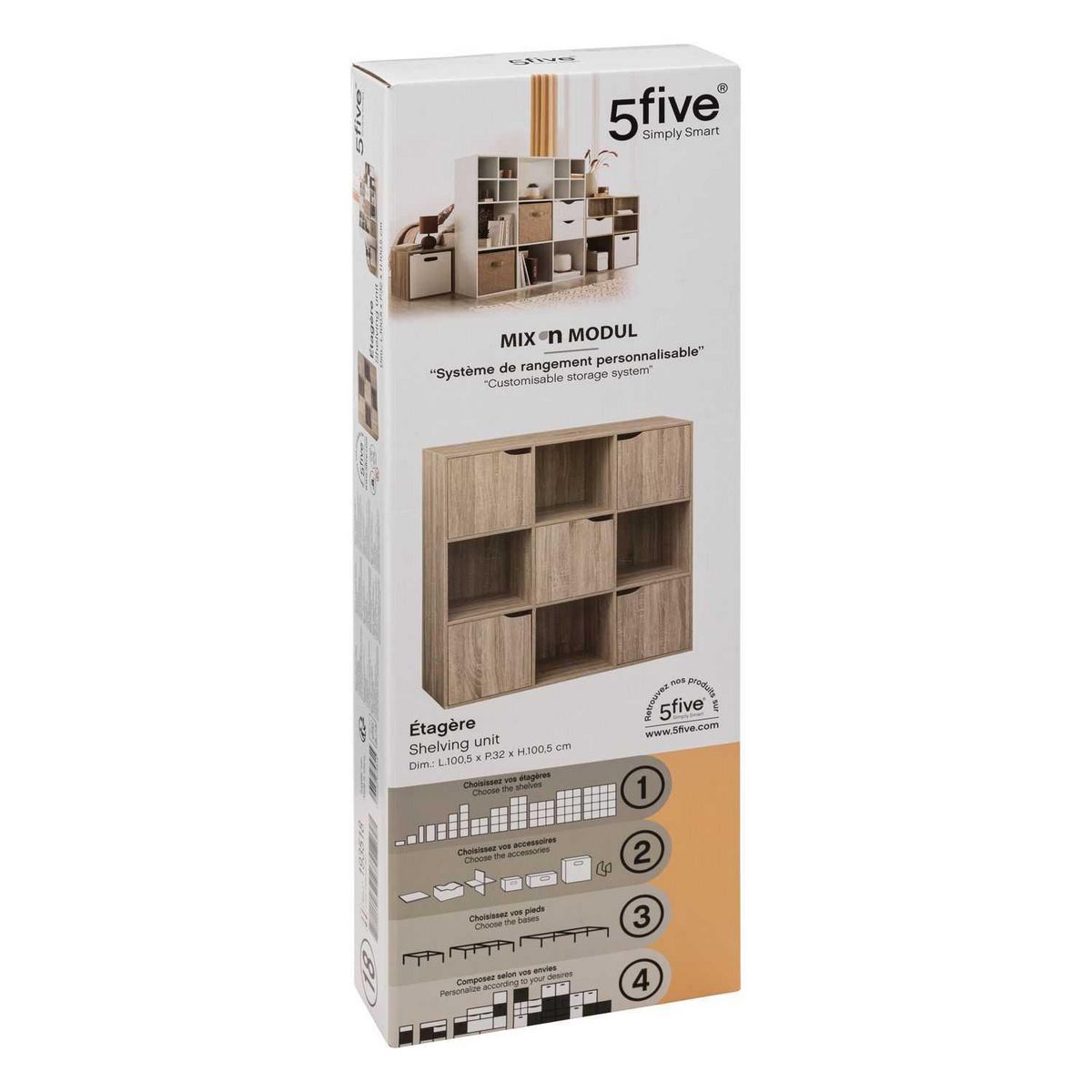 FIVE Etagère 9 cases Mix n'modul 5 portes - Marron