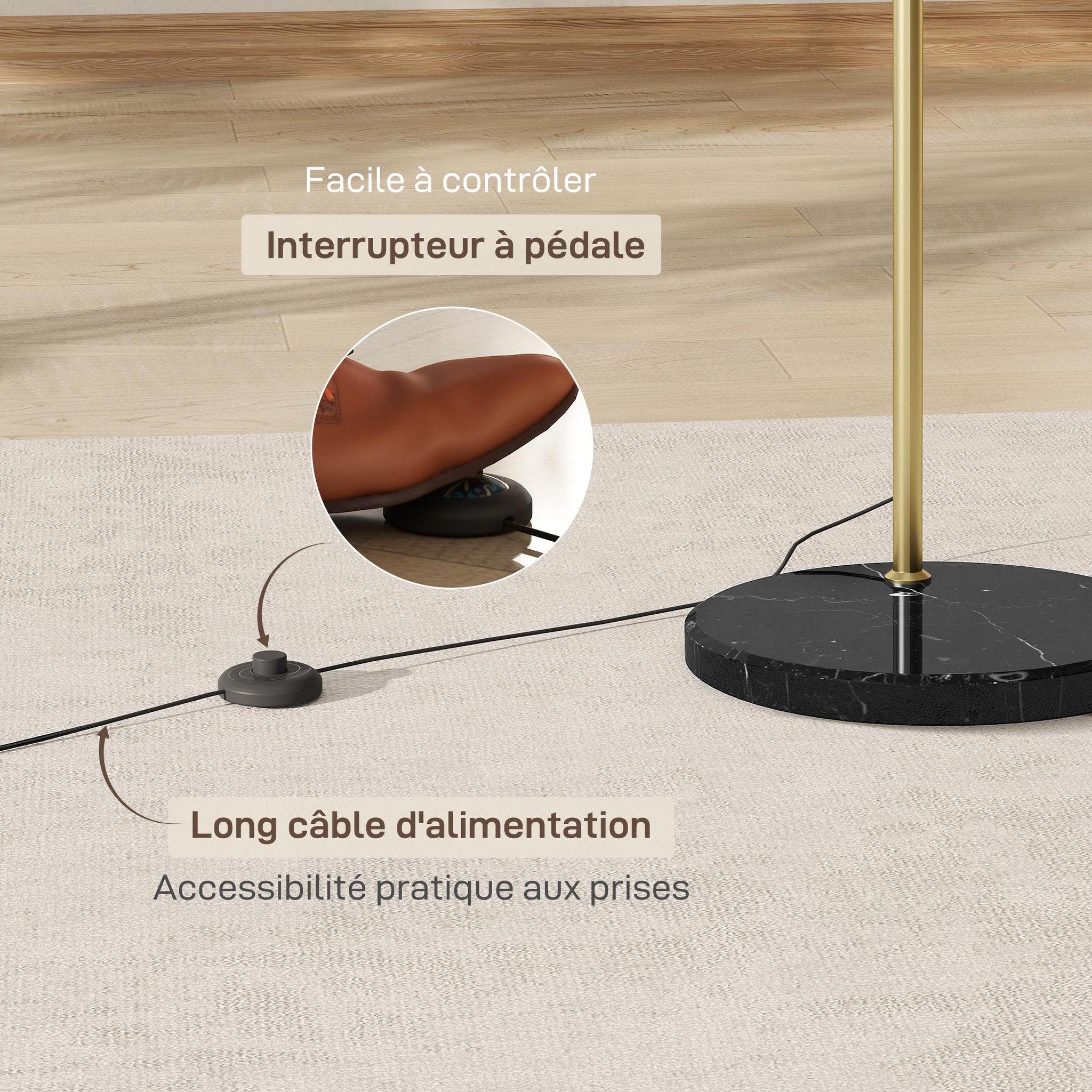 Voir la diapositive 5 : HOMCOM Lampadaire arc - lampadaire arceau courbé design - pied marbre noir mât abat-jour globe métal doré