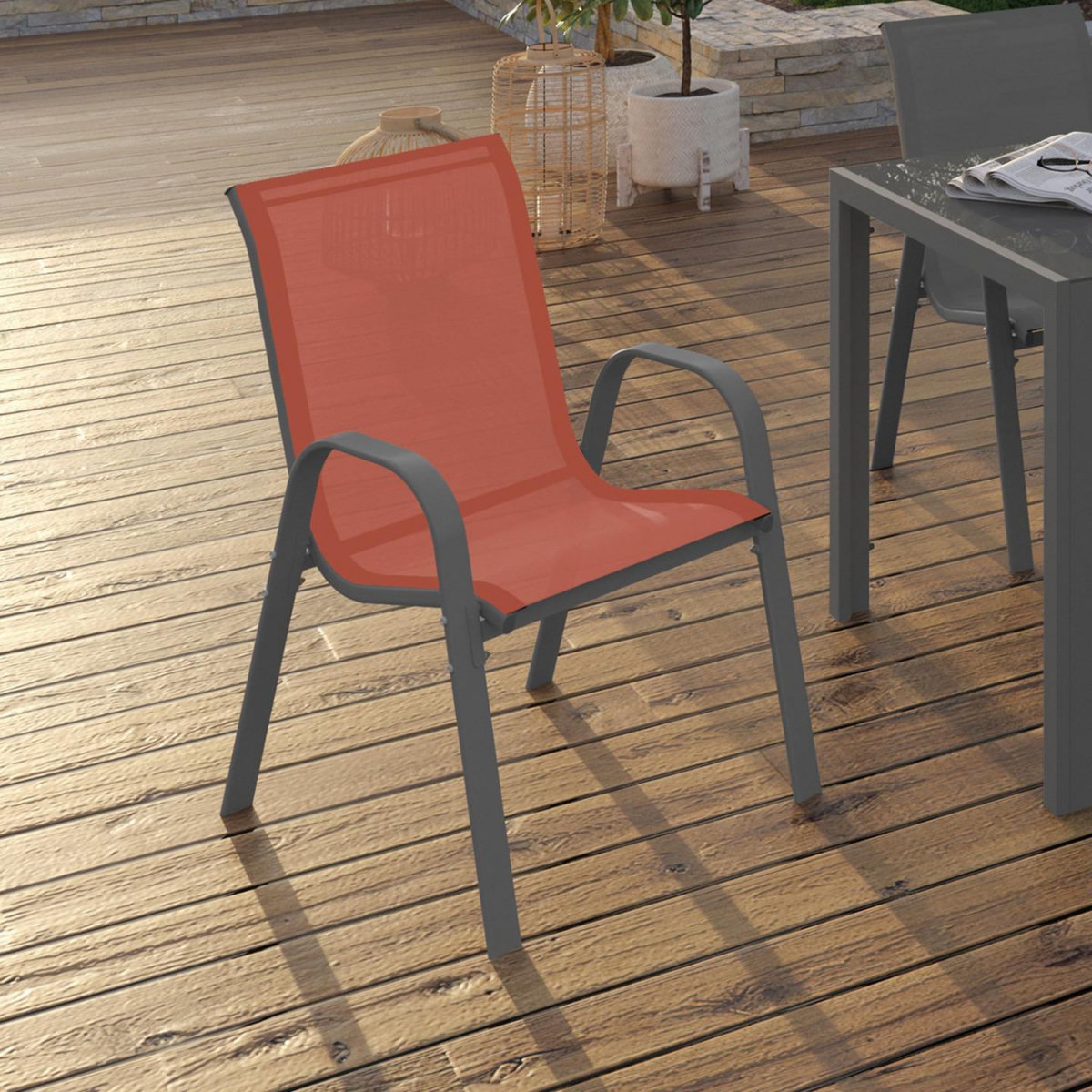 ID MARKET Lot de 6 chaises de jardin LYMA métal et textilène empilables gris noir et terracotta