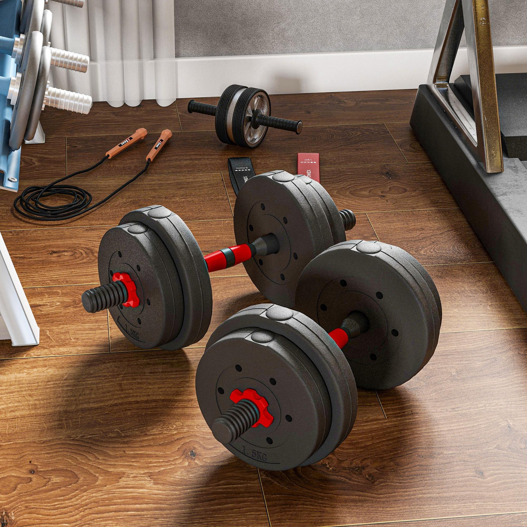 Voir la diapositive 4 : HOMCOM Ensemble d'haltères courtes total 15 kg - barres incluses - entraînement musculaire & haltérophilie - acier hdpe noir rouge