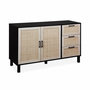 Voir la diapositive 3 : SWEEEK Buffet noir et cannage 120 x 40 x 75cm - Bianca - 3 tiroirs. 2 portes. 2 niveaux. 1 étagère. buffet bas
