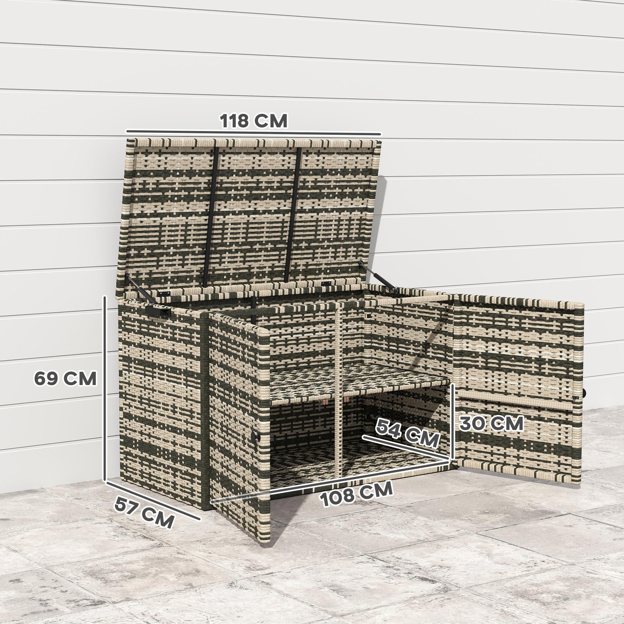 Voir la diapositive 3 : OUTSUNNY Coffre de jardin 3 portes étagère 350L dim. 118 x 57 x 69 cm résine tressée camaïeu de gris