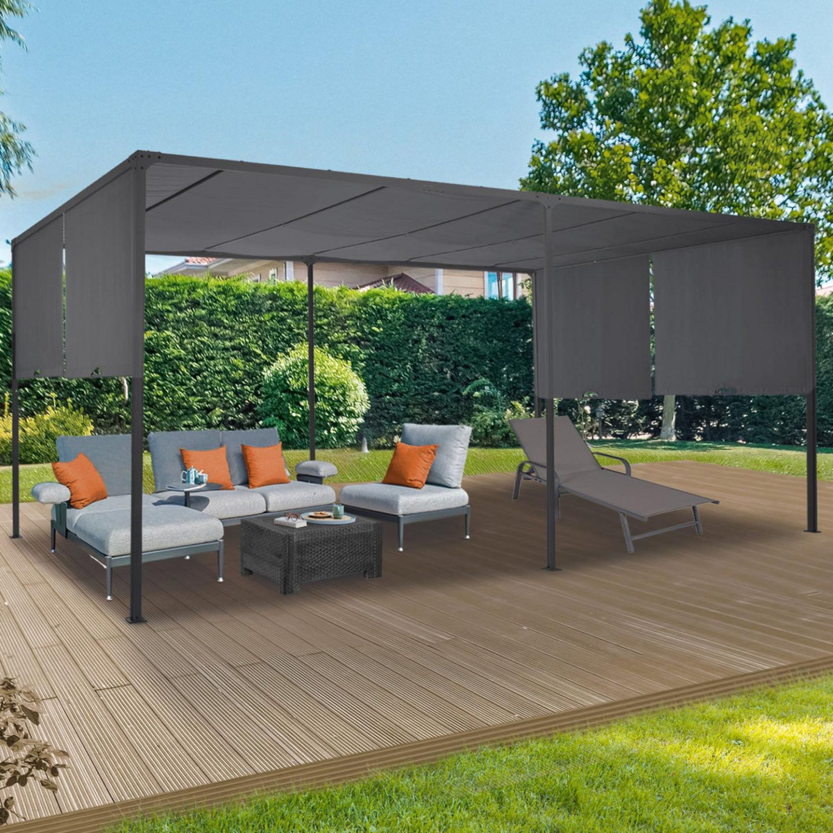 ID MARKET Pergola coulissante 2 pans 3x6 M belvédère de jardin toile gris anthracite
