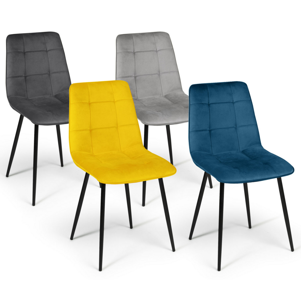 ID MARKET Lot de 4 chaises MILA en velours mix color bleu, gris clair, gris foncé, jaune