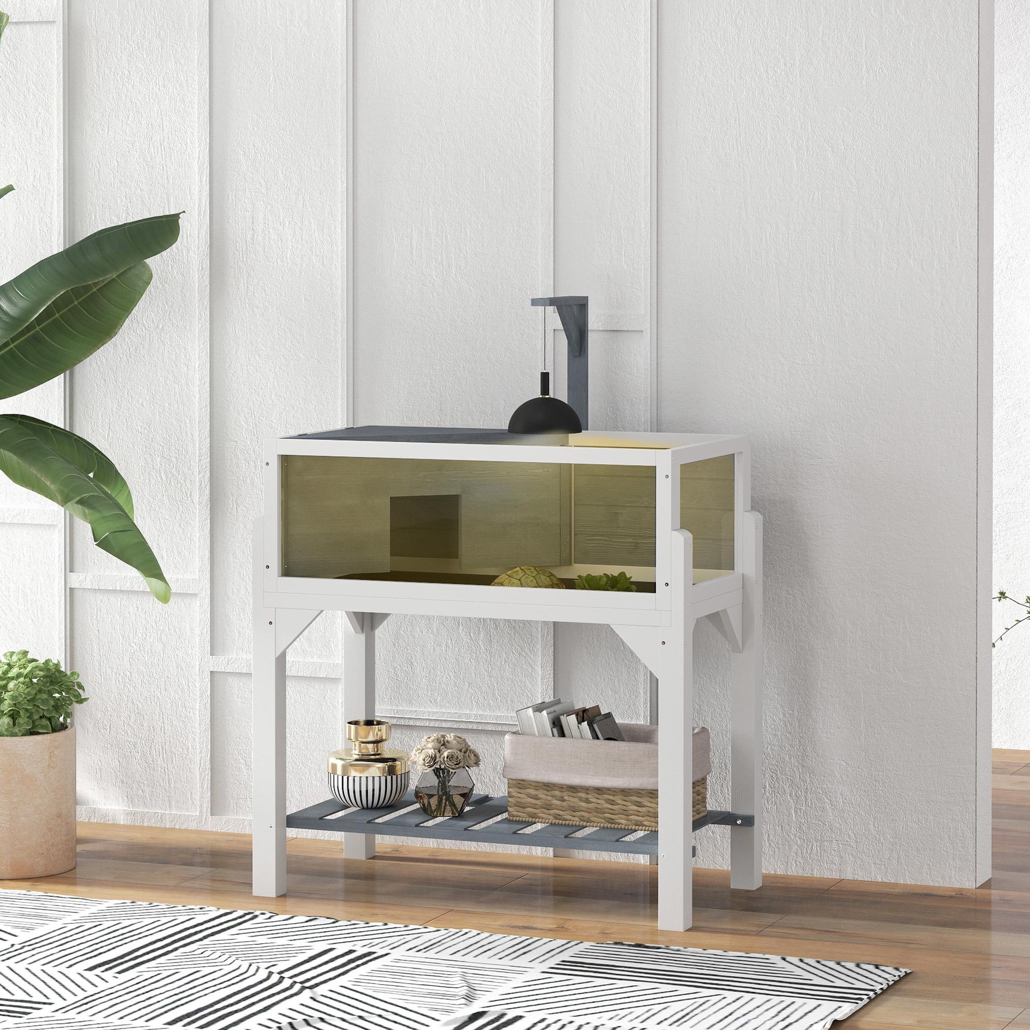 Voir la diapositive 2 : PAWHUT Maison pour tortue sur pied 2 zones étagère - terrarium - toit ouvrant, enclos, support lampe - gris