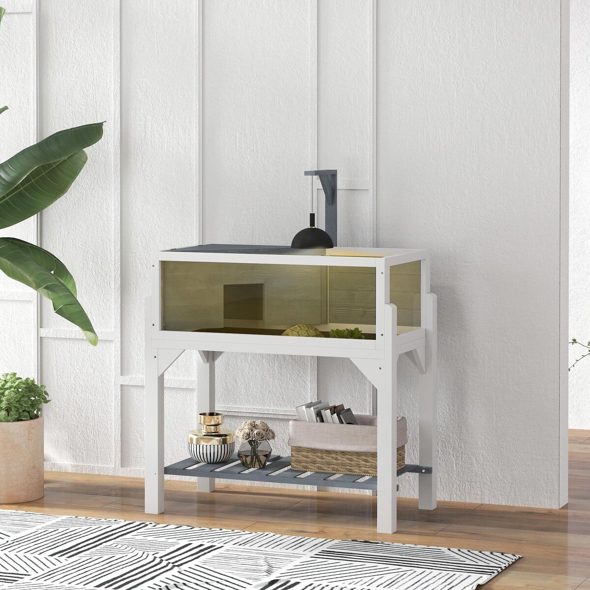 PAWHUT Maison pour tortue sur pied 2 zones étagère - terrarium - toit ouvrant, enclos, support lampe - gris