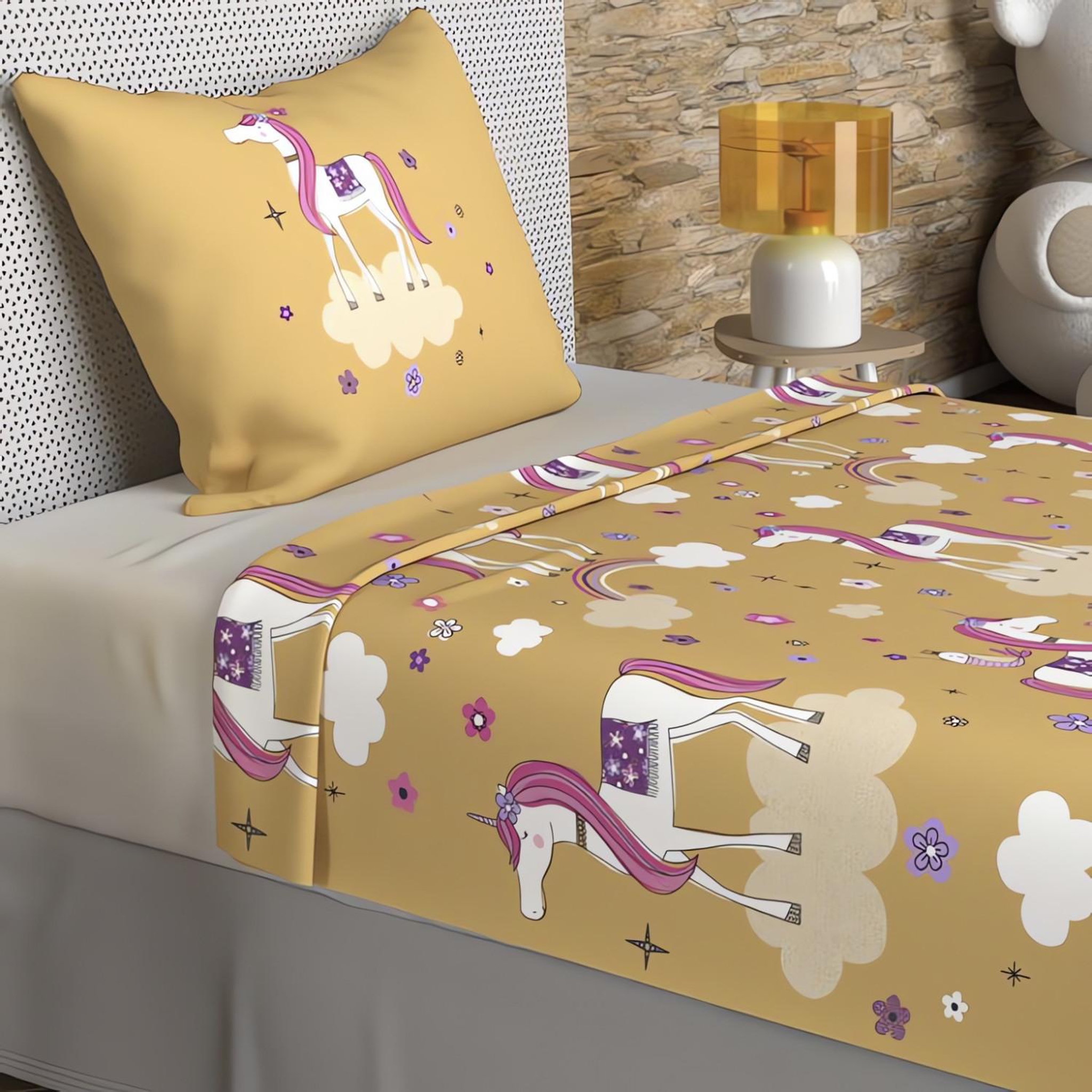 Voir la diapositive 2 : SOLEIL D'OCRE Parure de draps 180x290 cm LICORNES, 100% coton 57 fils/cm2, par Soleil d'Ocre