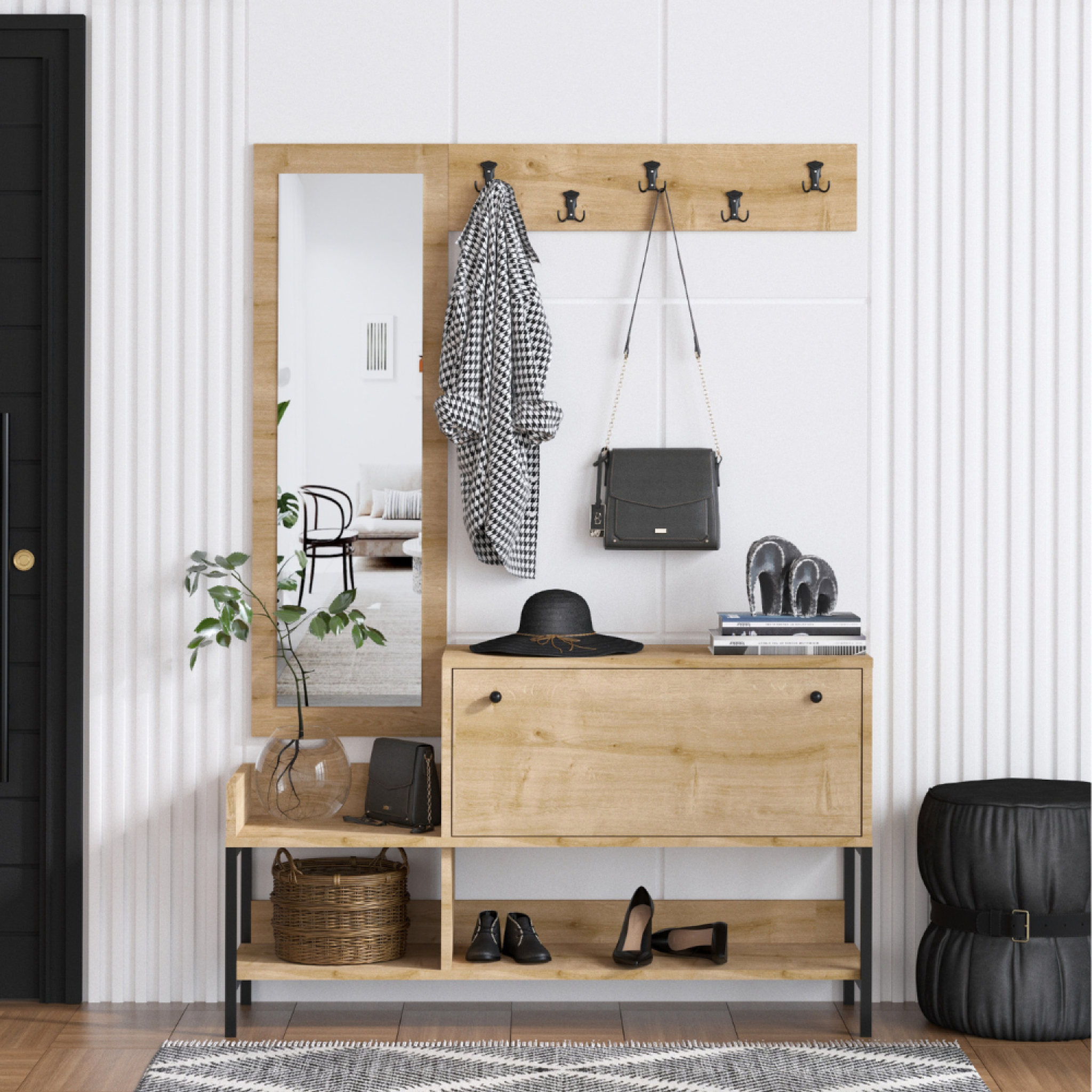 Voir la diapositive 2 : CONCEPT USINE Meuble d'entrée avec porte-manteau et rangement à chaussures DRAGOR
