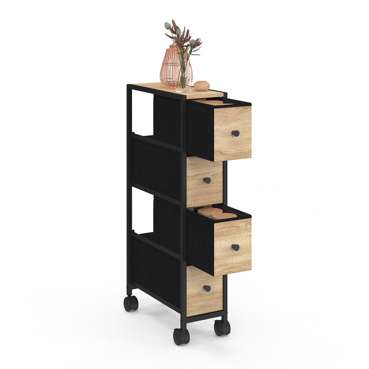 ID MARKET Tour de rangement 4 tiroirs UTAH sur roulettes colonne gain de place design industriel