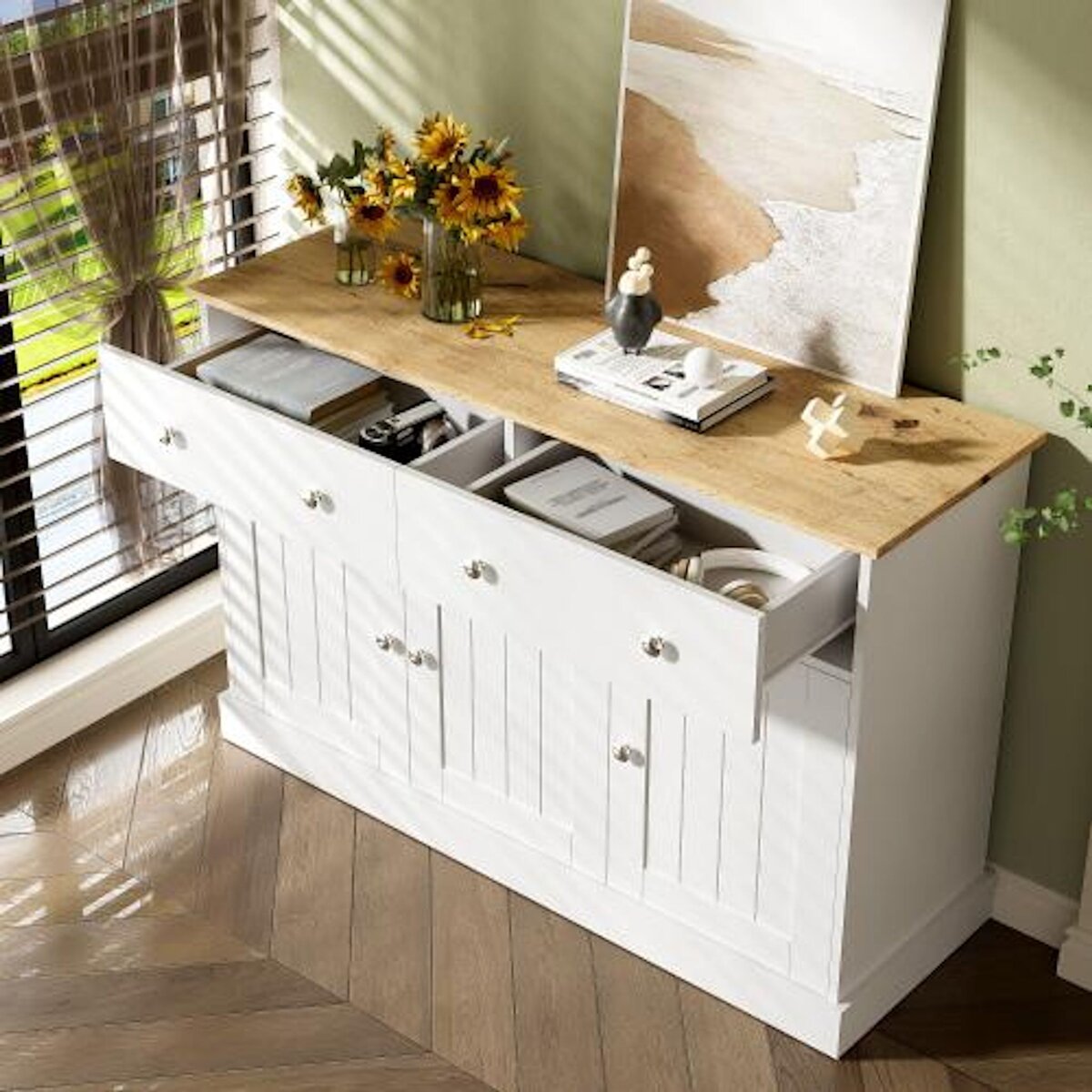 MERAX Buffet 3 porte(s) 2 tiroir(s) - 120 cm blanc panneau de particules