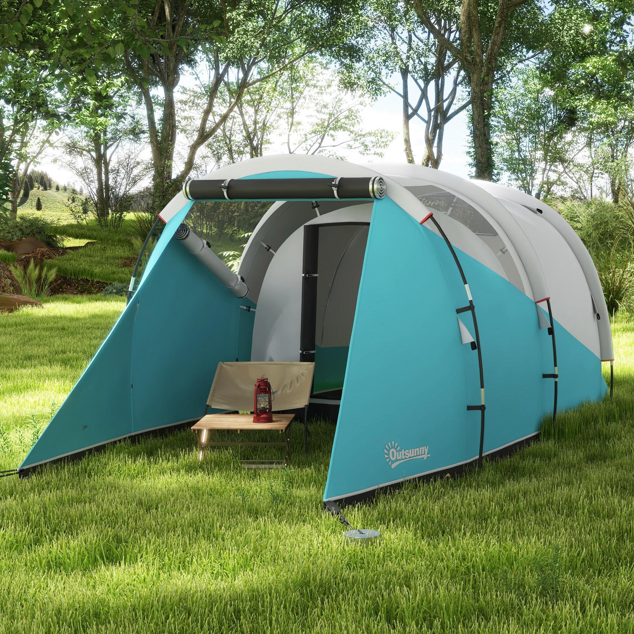 Voir la diapositive 2 : OUTSUNNY Tente de camping familiale 4-5 personnes - tente tunnel 2 portes fenêtres - dim. 4,6 x 2,6 x 1,9 m - bleu gris