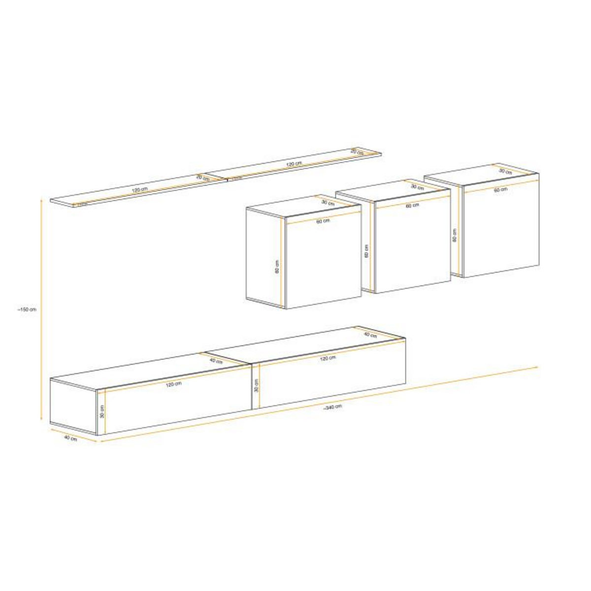 Paris Prix Meuble TV Mural Design  Switch VII  340cm Naturel & Blanc