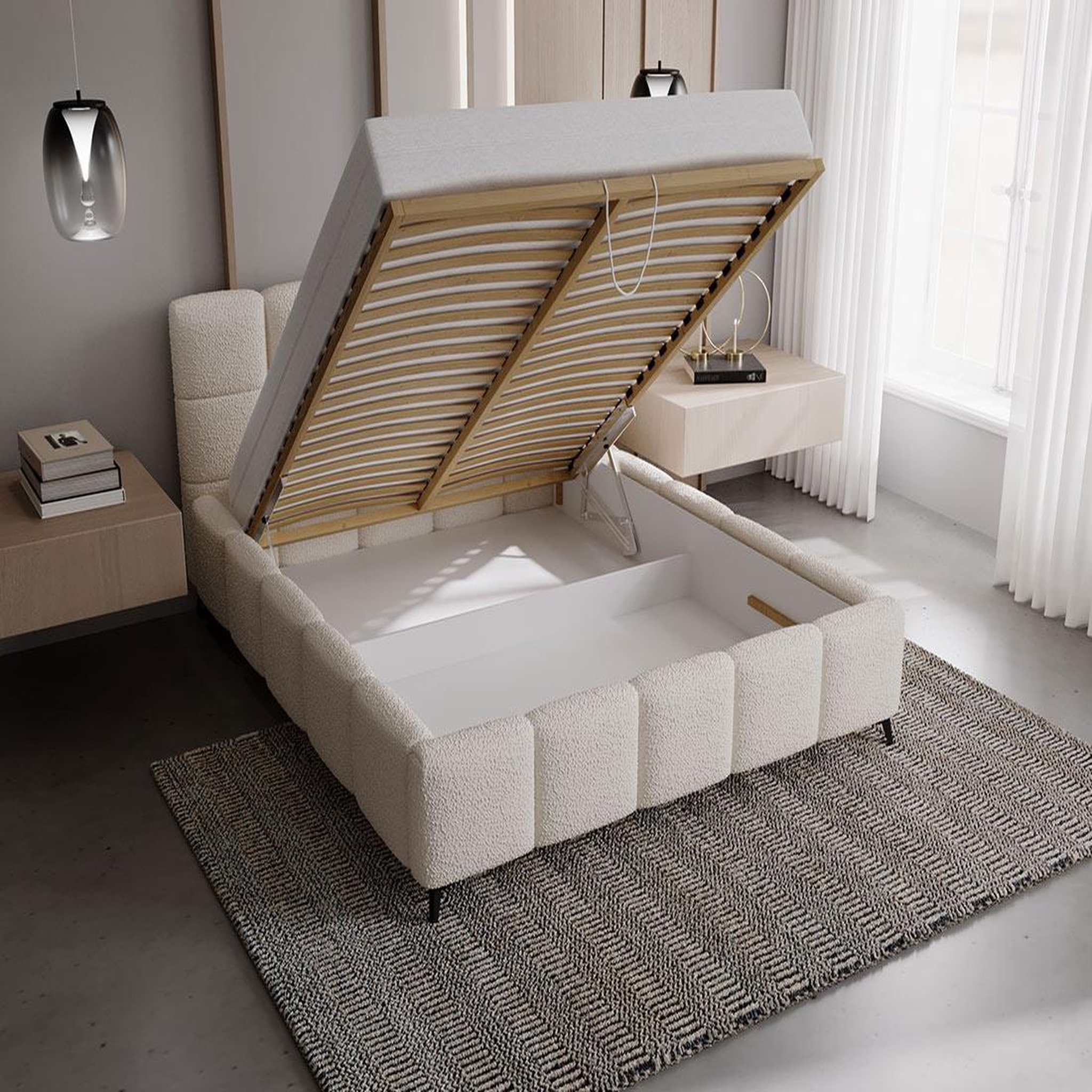 Voir la diapositive 2 : BEST MOBILIER Paulito - lit coffre - 160x200 cm - sommier inclus - en tissu bouclette