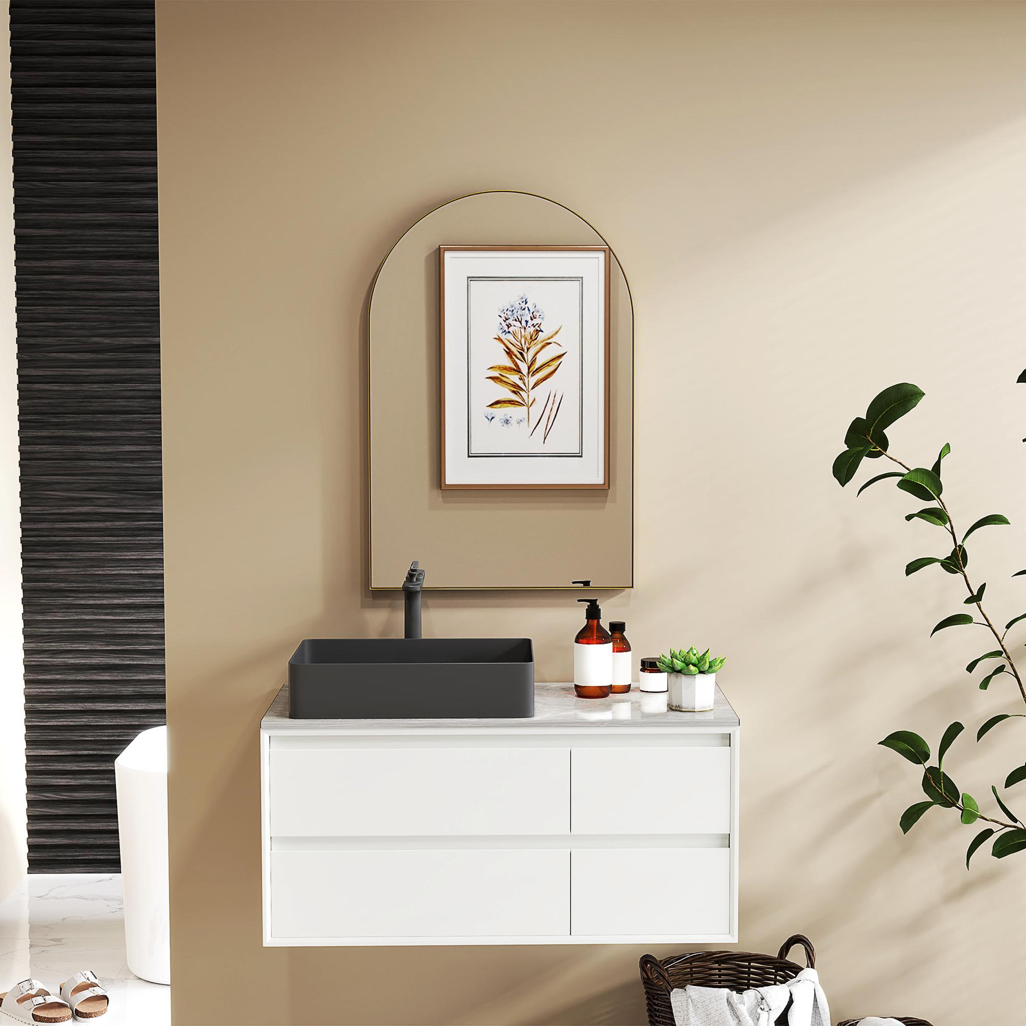 Voir la diapositive 2 : HOMCOM Miroir mural arqué 60 x 90 cm haute définition cadre alliage aluminium doré