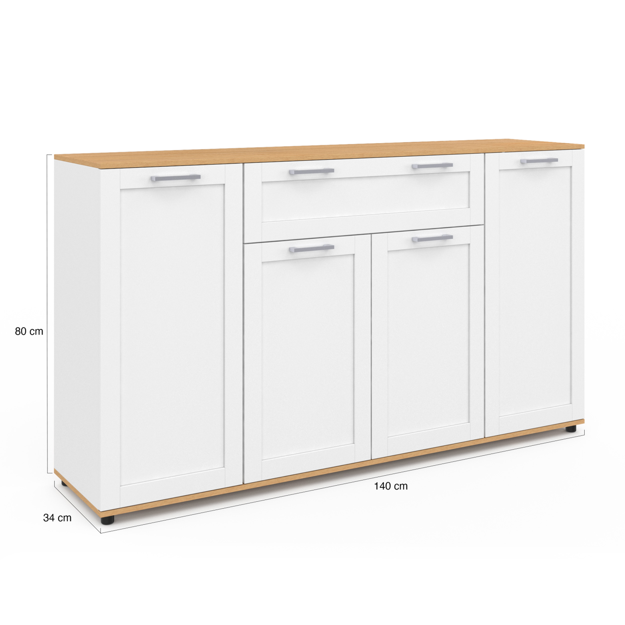Voir la diapositive 5 : ID MARKET Buffet 140 cm vito 4 portes et 1 tiroir blanc et bois