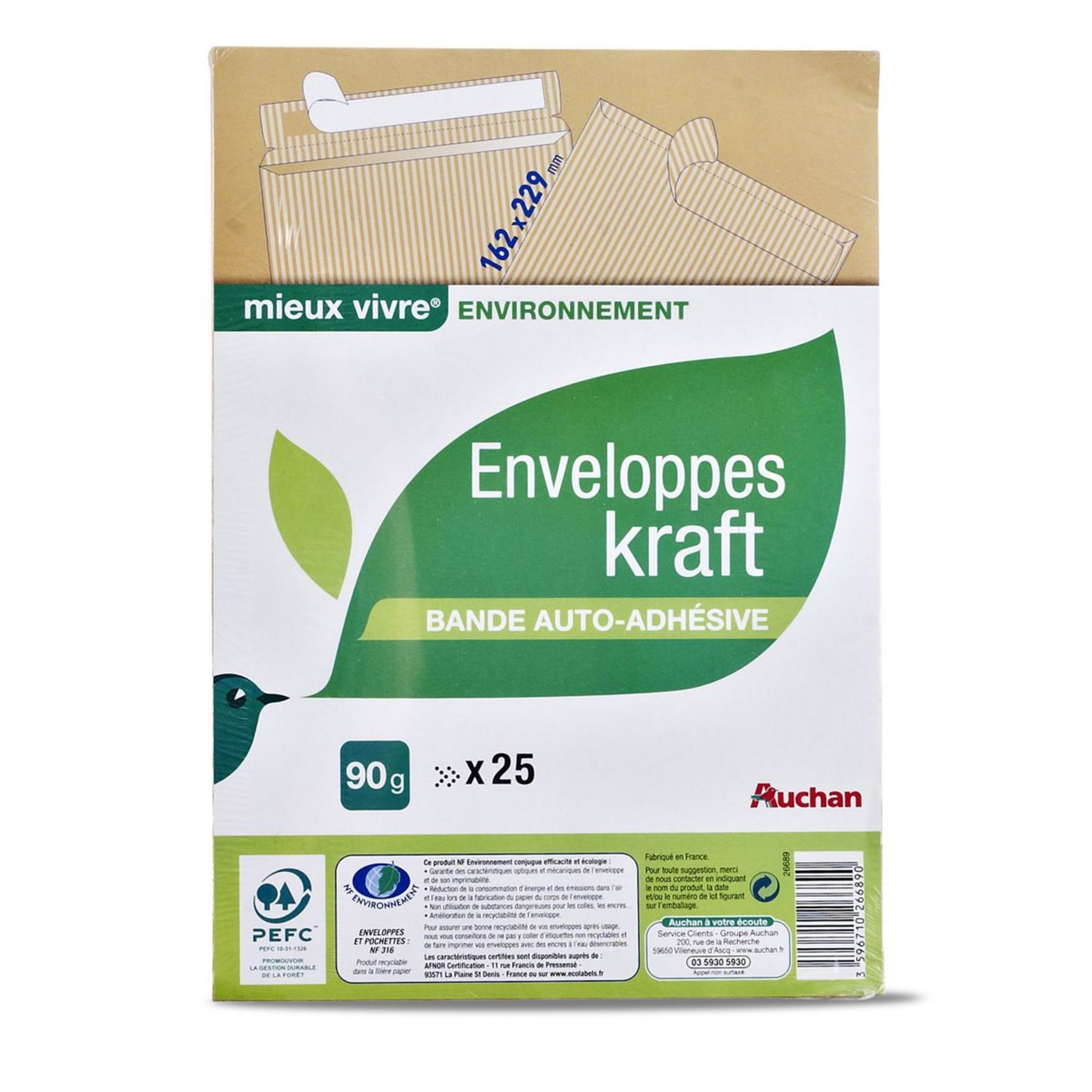 AUCHAN Enveloppes papier kraft 16.2x22.9 cm auto adhésive x25