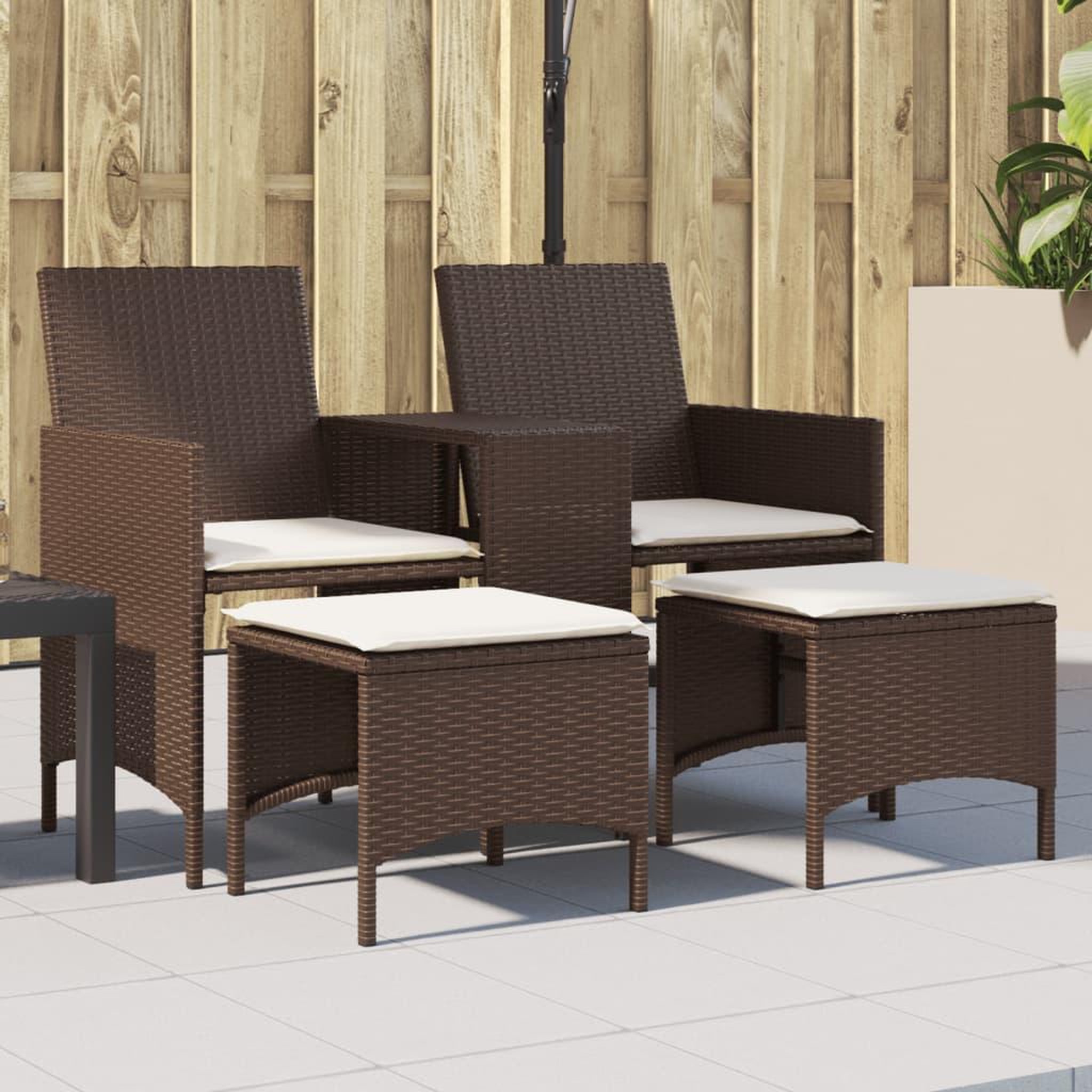 VIDAXL Canape de jardin 2 places avec table et tabourets marron rotin