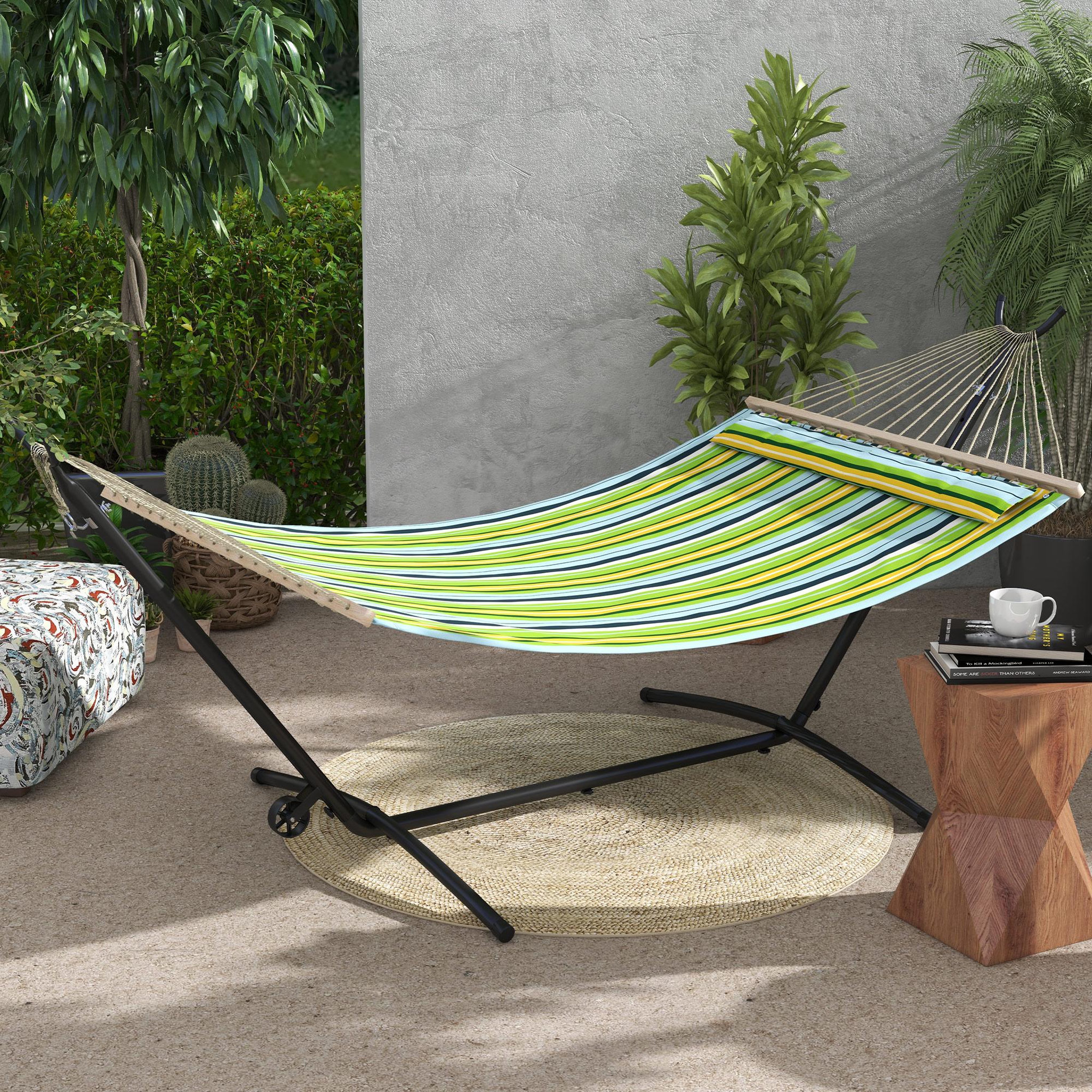 Voir la diapositive 2 : OUTSUNNY Support pied de hamac acier époxy hauteur réglable 6 niveaux dim. 290L x 120l x 115H cm noir