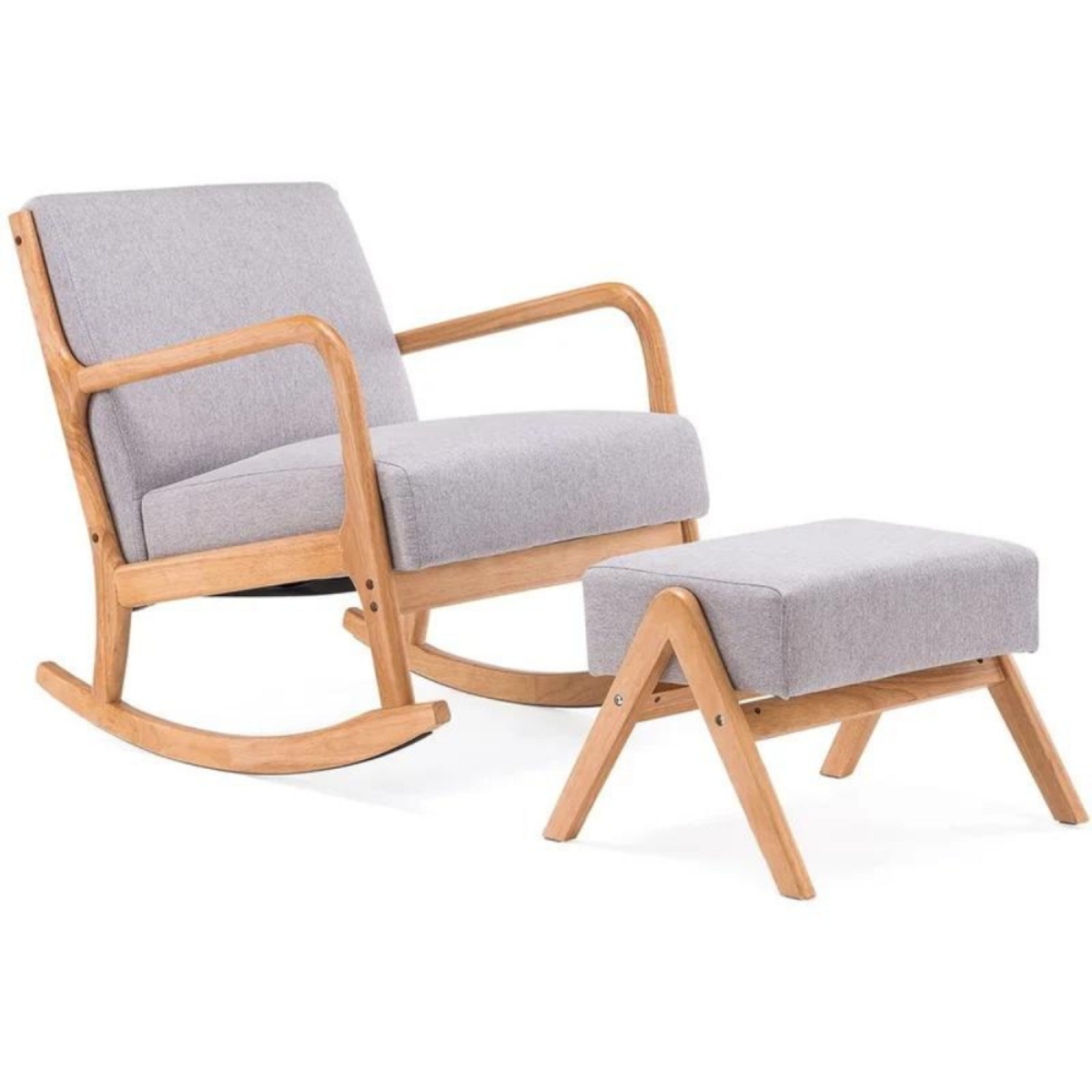 CONCEPT USINE Rocking Chair + pouf scandinave en bois et tissu gris HOLMES