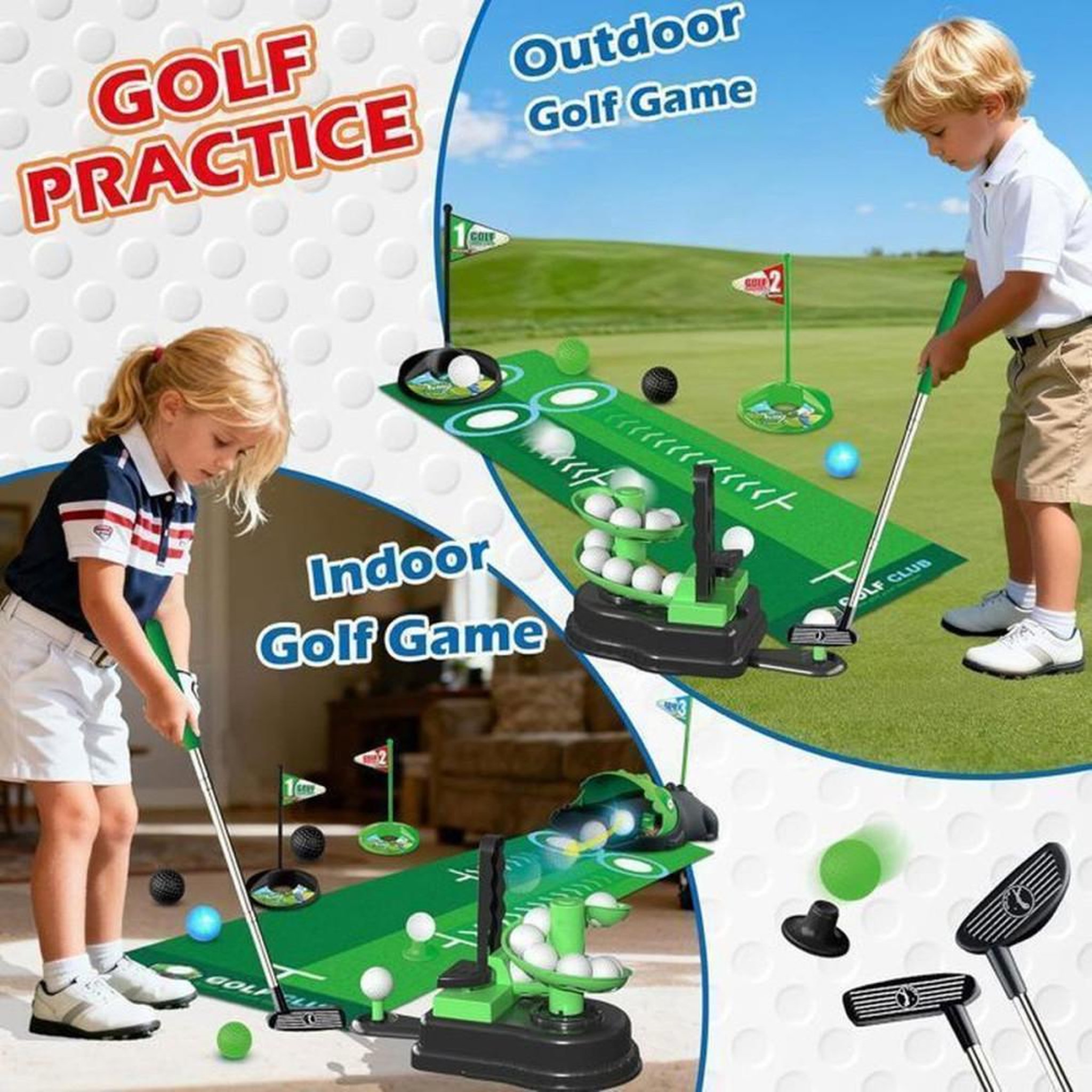 Voir la diapositive 3 : Mini golf enfant 3 en 1 LED avec retourneur automatique dinosaure, clubs réglables et tapis de putting