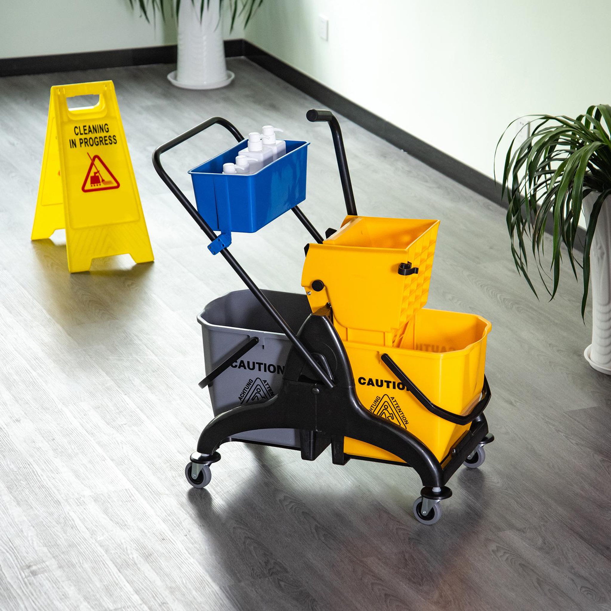 Voir la diapositive 2 : HOMCOM Chariot de lavage chariot de nettoyage professionnel presse à mâchoire 2 seaux + rangement jaune bleu