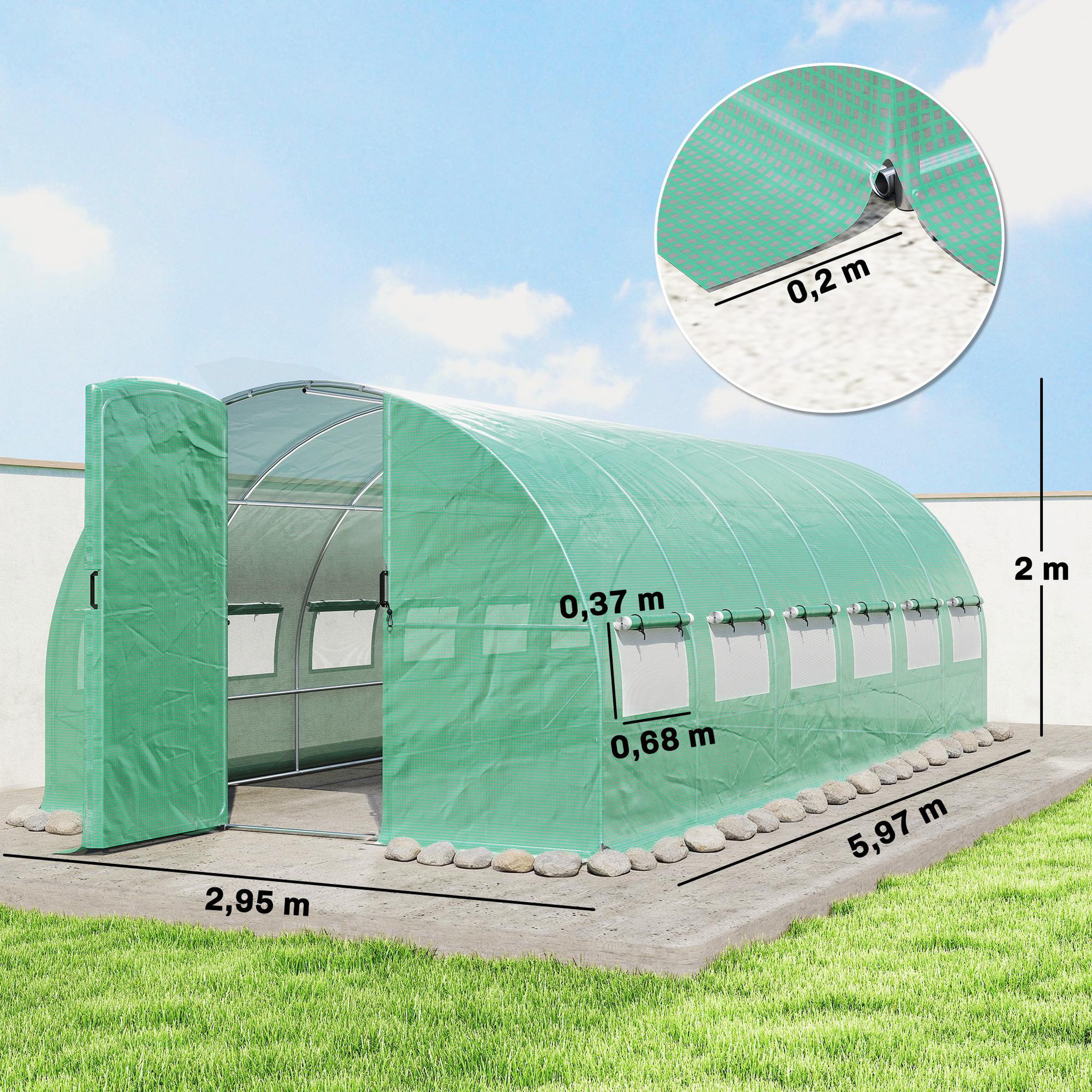 Voir la diapositive 3 : OUTSUNNY Serre tunnel de jardin 18 m² porte 12 fenêtres enroulables acier PE vert