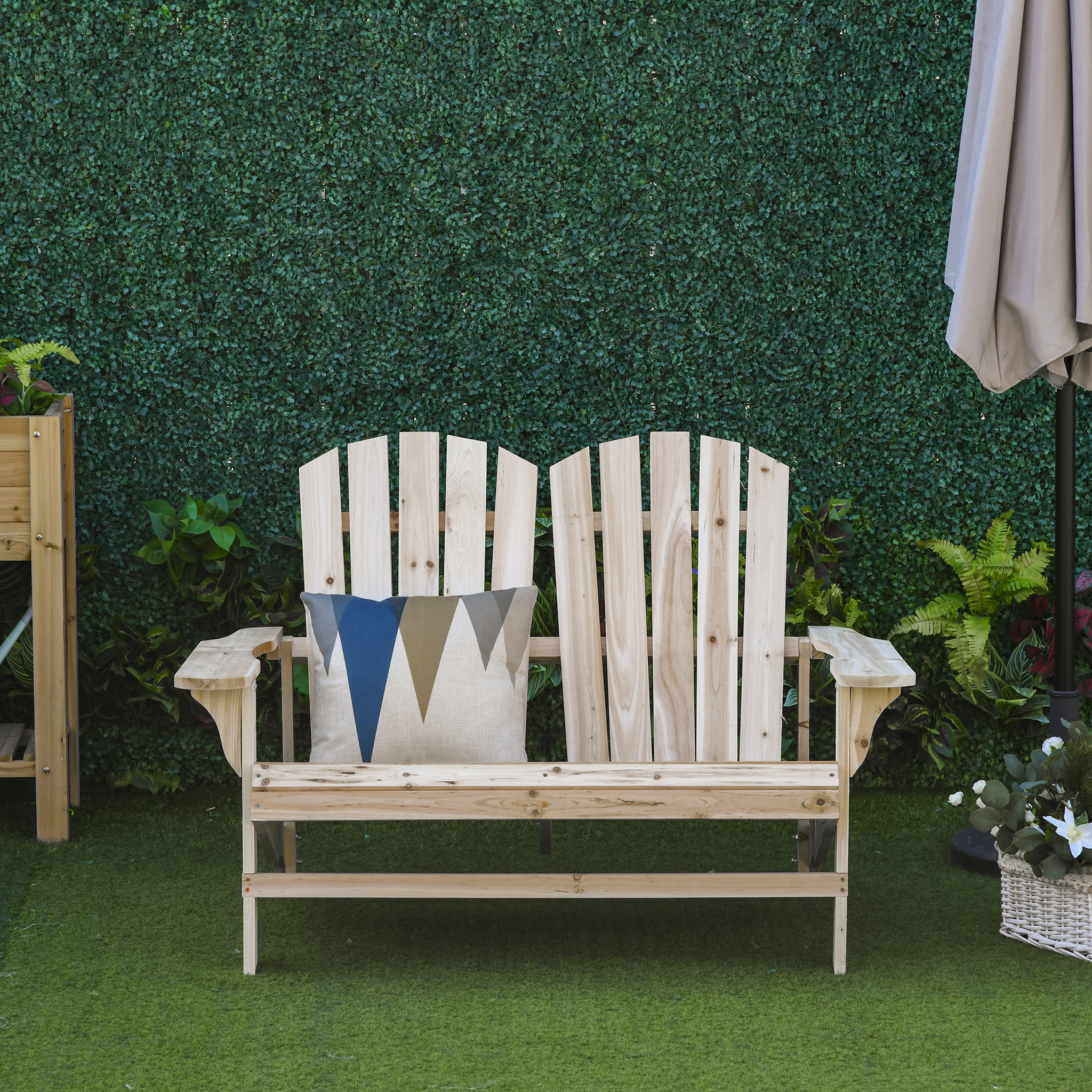Voir la diapositive 4 : OUTSUNNY Banc de jardin 2 places design Adirondack assise dossier à lattes larges accoudoirs bois naturel pin lasuré