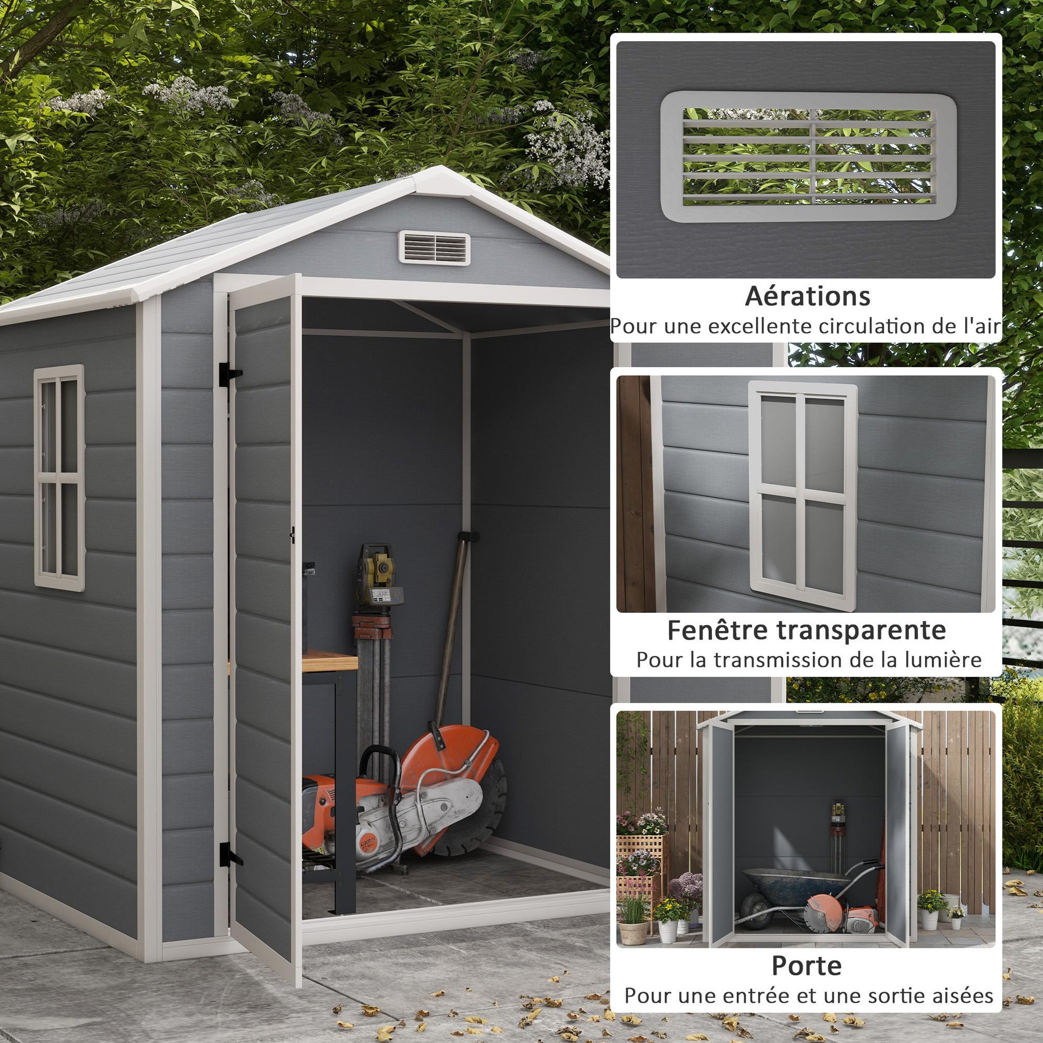 Voir la diapositive 4 : OUTSUNNY Abri de jardin cabanon 2,12 m² - 2 portes, fenêtre, aération, toit double pente - résine PP gris
