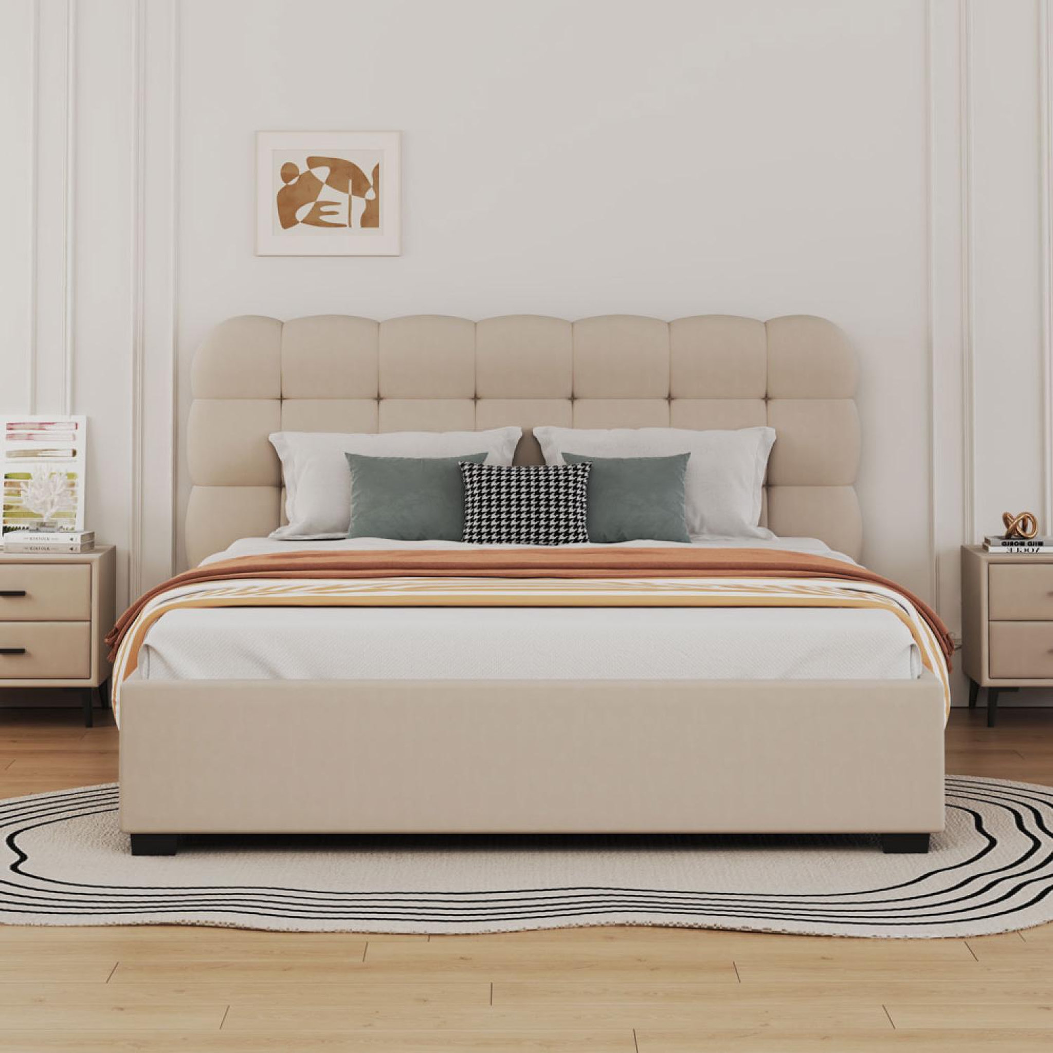 Voir la diapositive 4 : CONCEPT USINE Lit coffre style nuage 160x200cm en velours beige dallas