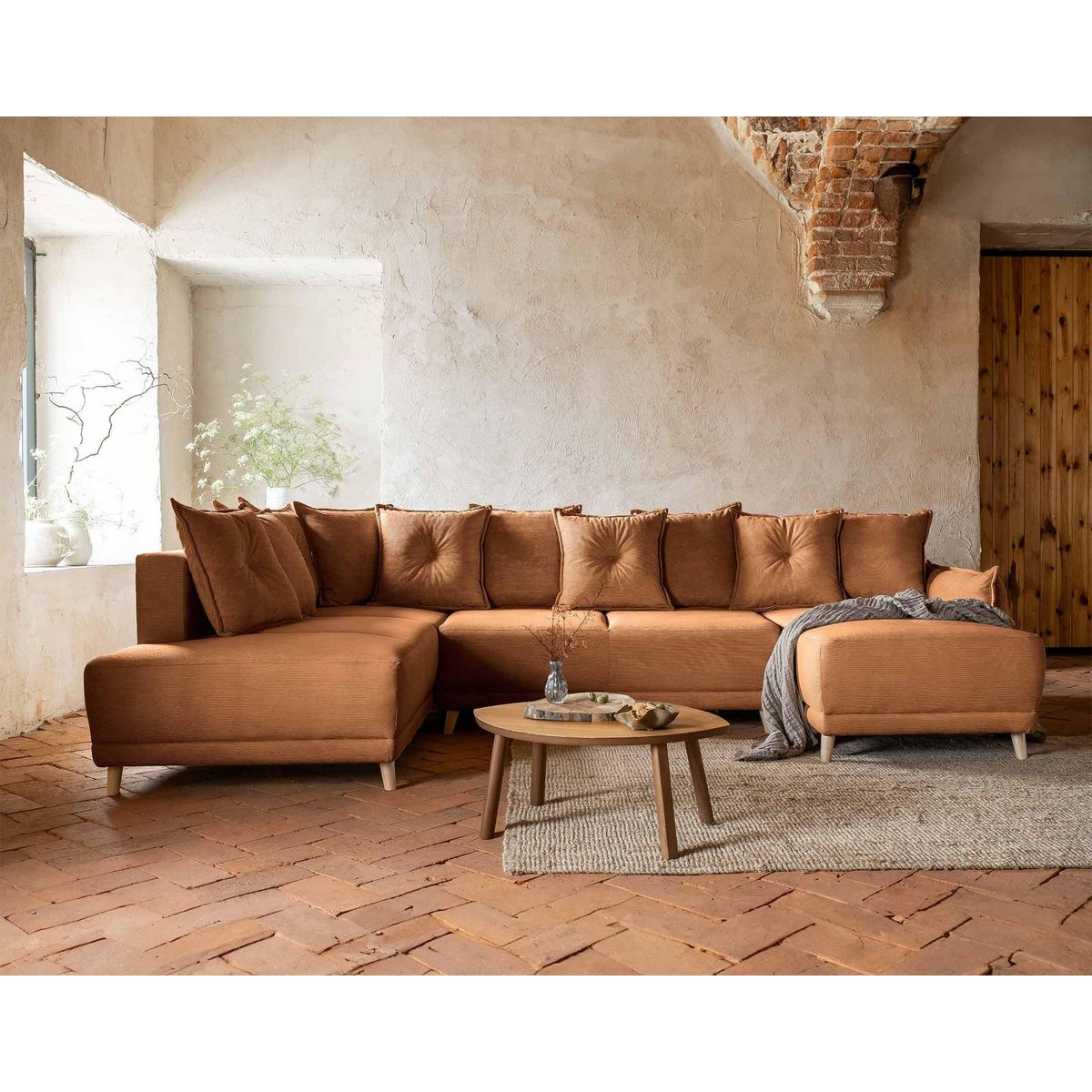 BEST MOBILIER Lena - canapé panoramique d'angle gauche 7 places - convertible avec coffre - en velours côtelé