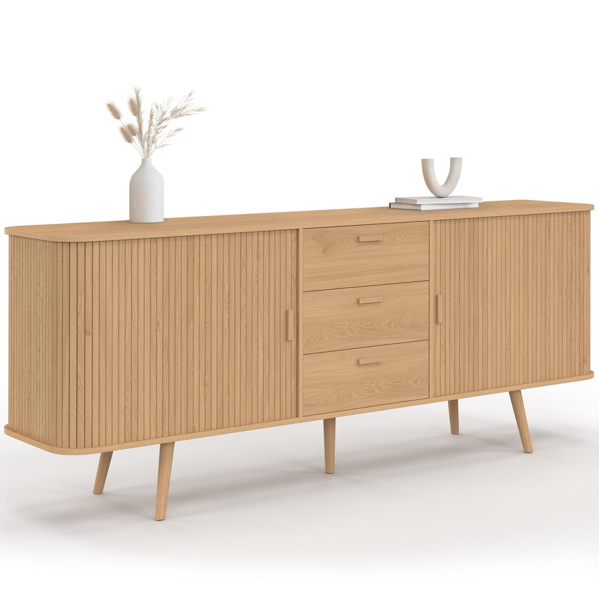 ID MARKET Buffet 200 cm ROMIE  XXL effet lattes 2 portes coulissantes et 3 tiroirs