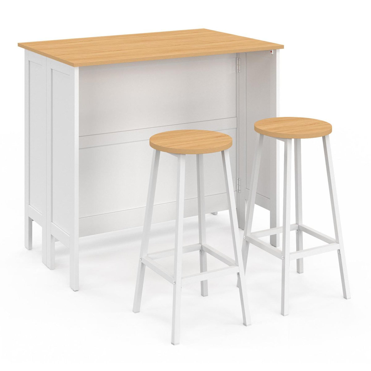 ID MARKET Ensemble table de bar îlot Achille et 2 tabourets bois blanc plateau façon hêtre