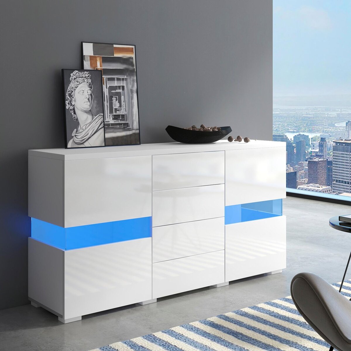 MERAX Buffet 2 porte(s) 4 tiroir(s) - 145 cm blanc led mdf